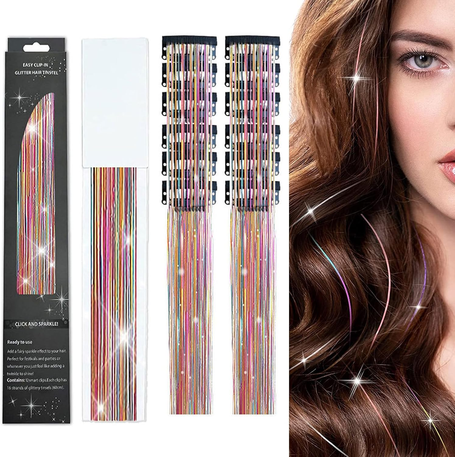 Homiliky 12Pcs Hair Tinsel Clips, Rainbow Fairy Hair Tinsel Kit with 33Cm Glitter Hair Extensions for Women Girls, Party Hair Accessories for Christmas Halloween image number 2