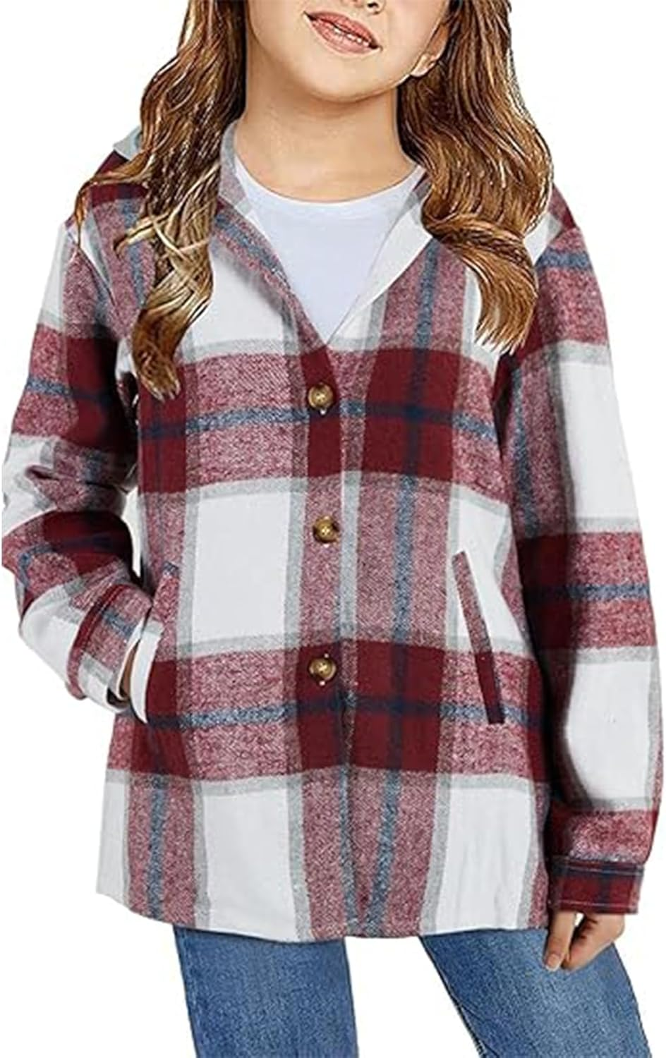 OXUBOAO Girls Flannel Jackets Plaid Button down Coats Pockets Long Sleeve Hooded Jacket for Fall Winter image number 3