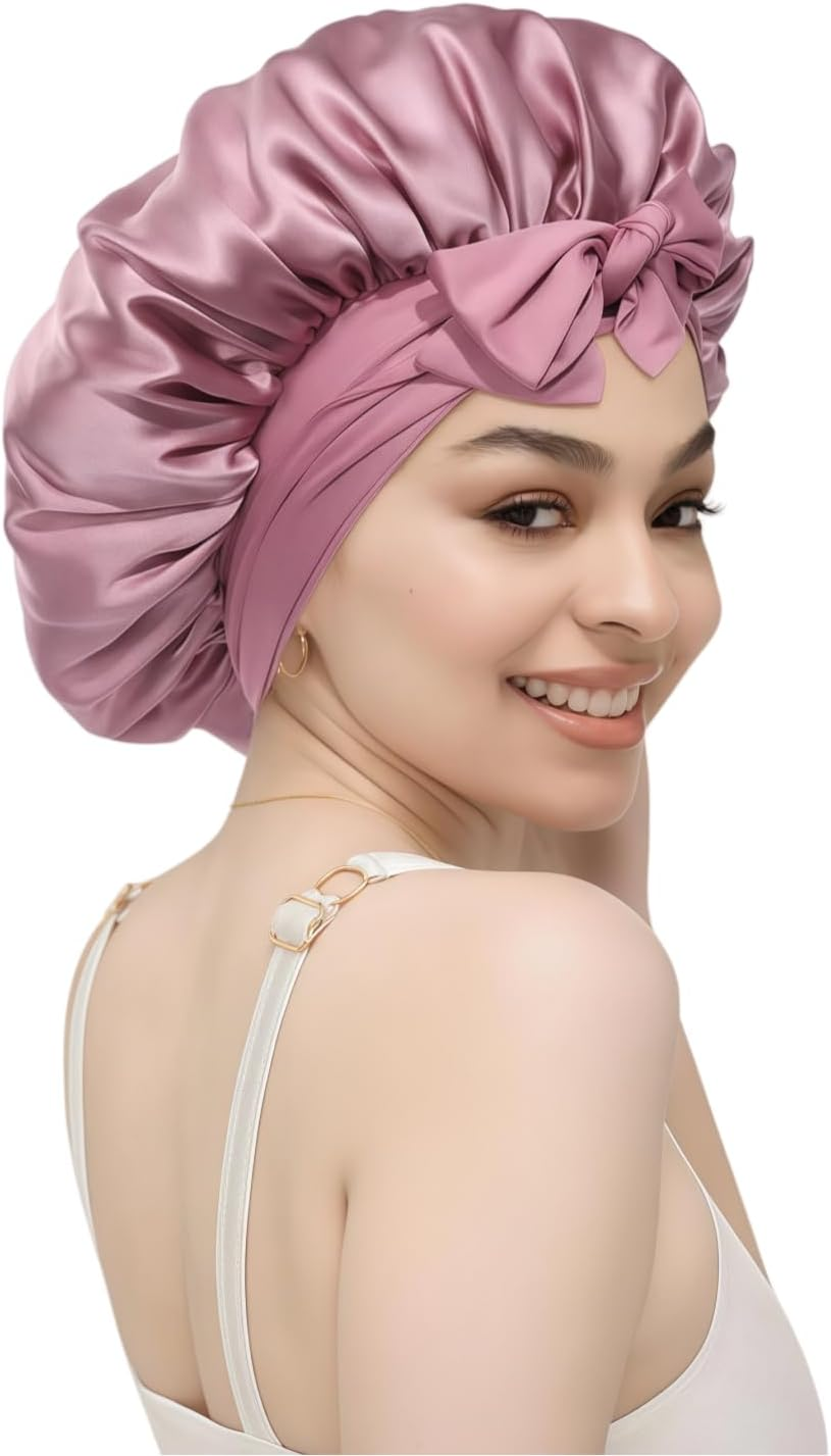 100% Silk Bonnet for Sleeping, Double Layer 22 Momme Mulberry Silk Hair Bonnet, Silk Wrap with Soft Tie Band Sleep Caps for Women