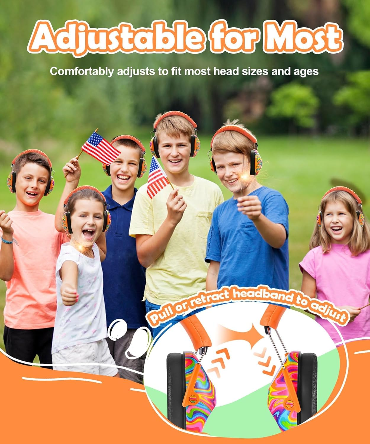 PROHEAR 032 Kids Ear Protection - Noise Cancelling Headphones Ear Muffs for Autism, Toddlers, Children - Orange - Firework Pattern image number 2