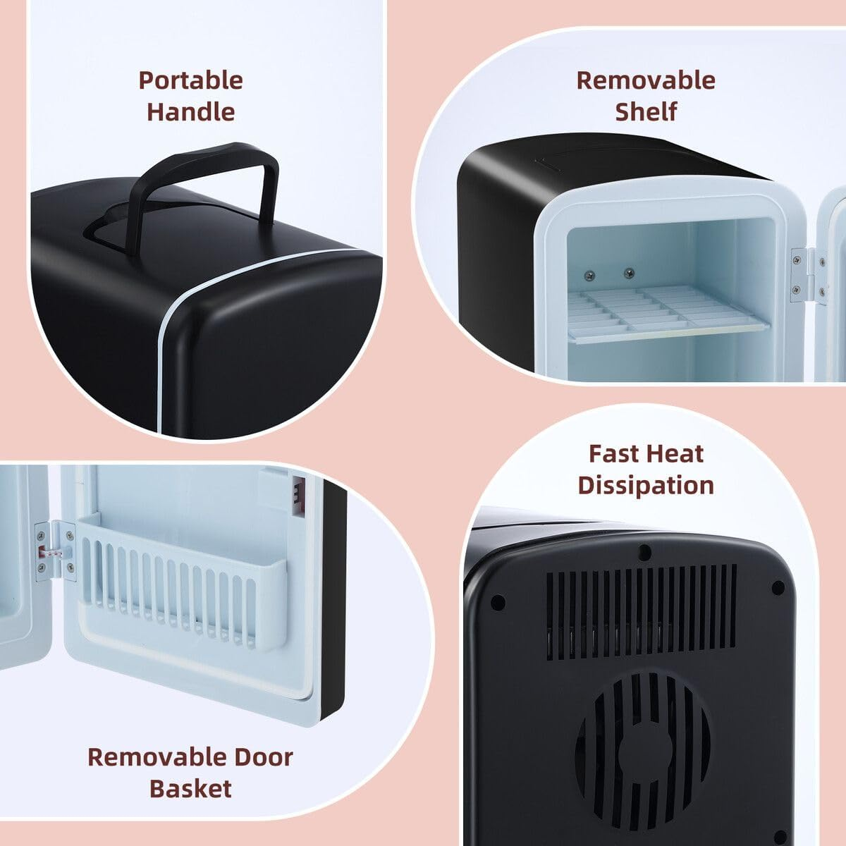 Maxkon 4L Mini Fridge 6 Can Portable Cooler Warmer Personal Countertop Refrigerator for Home Office Bar Car Drinks Skincare Cosmetics Foods, Black