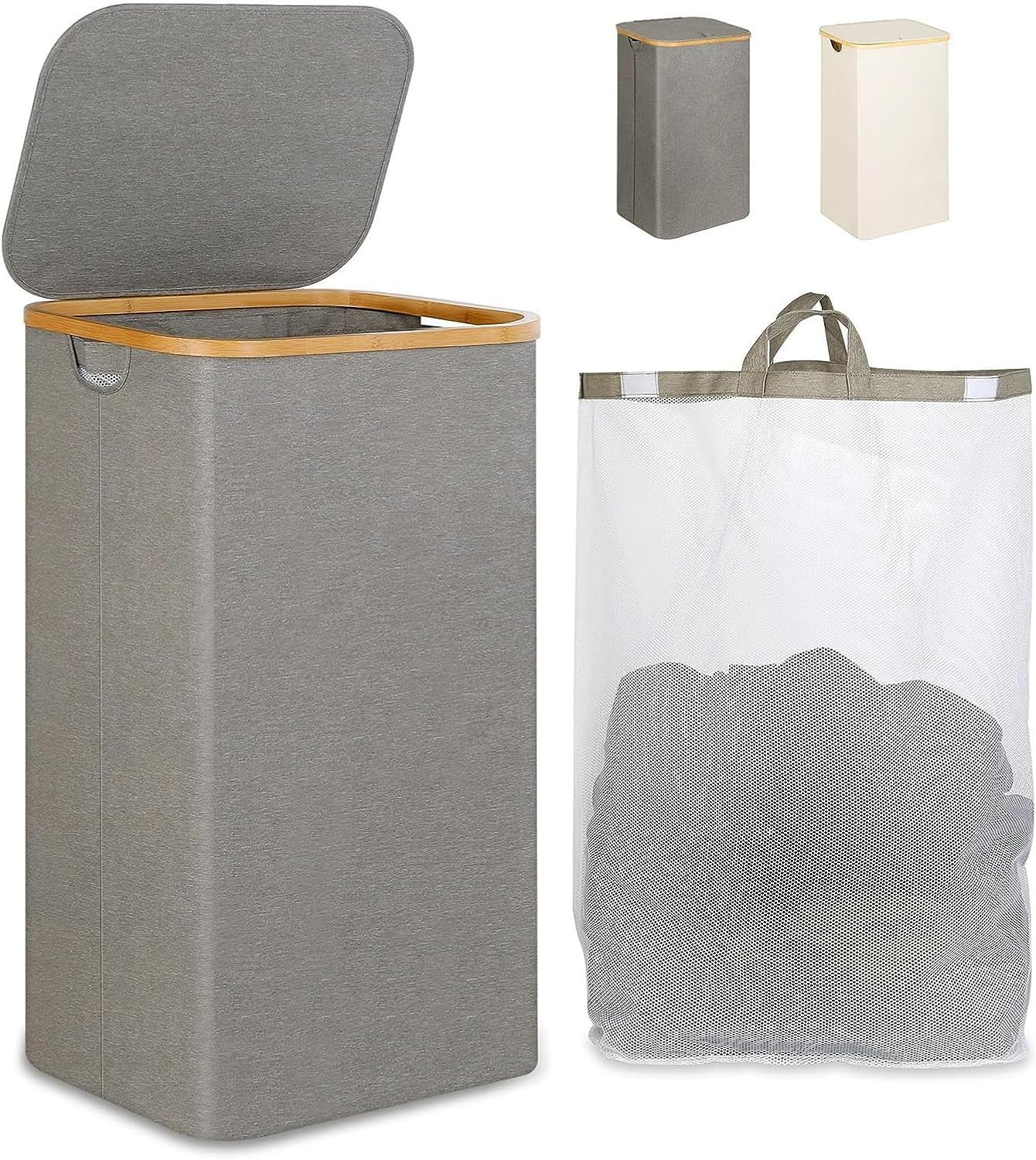 100L Laundry Basket with Lid，Removable Laundry Bag with Bamboo Handle for Large Foldable Laundry Hamper for Bedroom, Bathroom, Dorm, Laundry Room (Grey) image number 6