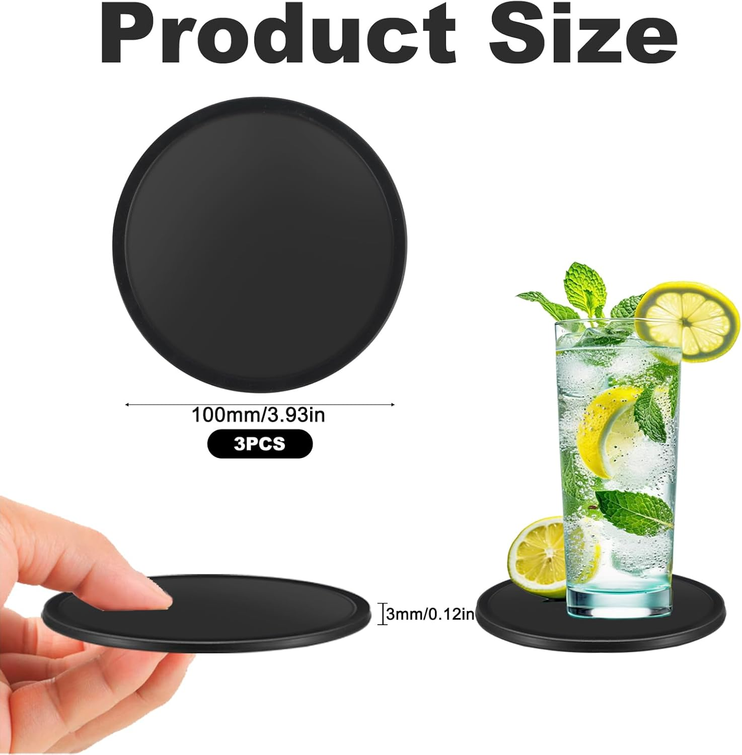 3 Pcs Silicone Coasters for Drinks, Black round Mugs Coasters Pads Mats, Protect Furniture from Scratch & Water Marks, Non Slip, for Coffee Beer Glass Home Bar - 3 Black Coasters image number 6