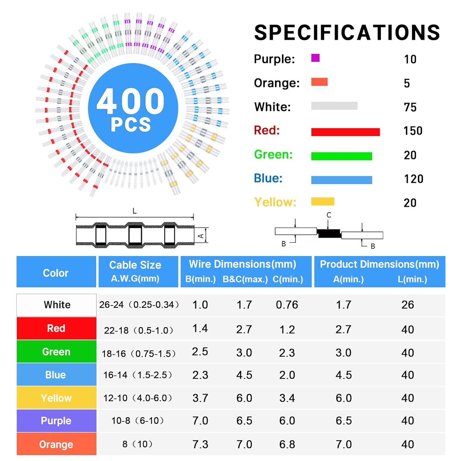 Kuject Solder Seal Wire Connectors, Waterproof Insulated Heat Shrink Butt Terminals Splice Connectors for Marine Automotive Car Boat (400) image number 2