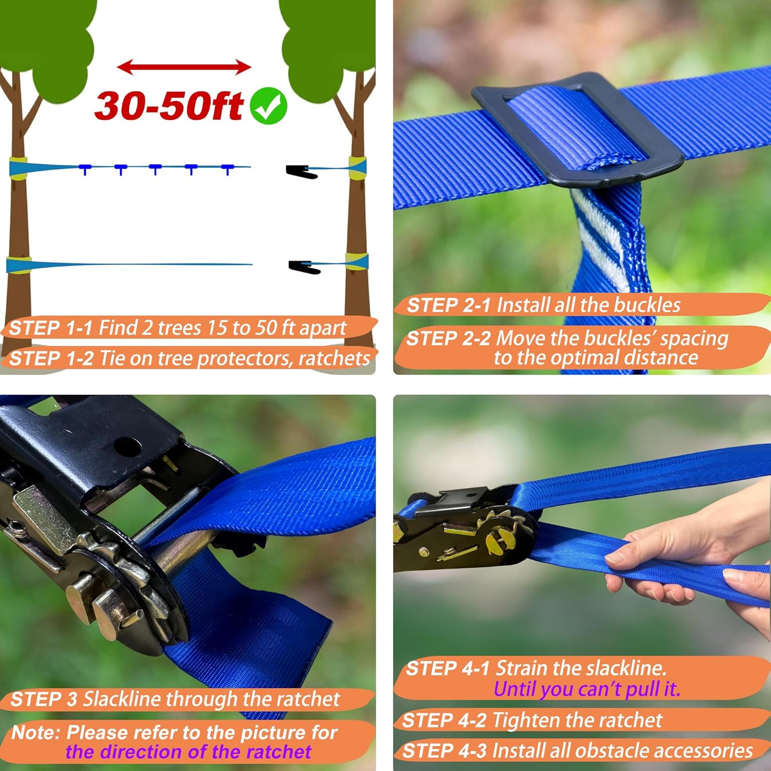 Ninja Warrior Obstacle Course for Kids, 2&times;56Ft Slackline Kit with 8 Ninja Accessories - Monkey Bar, Rope Ladder, Gymnastic Ring, Arm Trainer and Monkey Fist image number 4