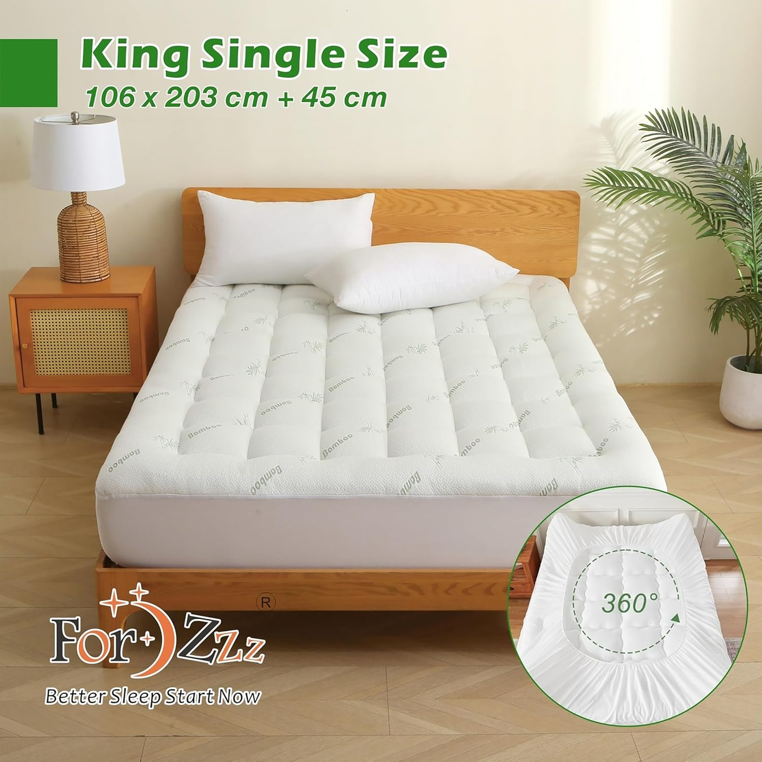 Cooling Bamboo Fibers Mattress Topper for Back Pain, Thick Mattress Pad Cover Plush Soft Pillowtop with Elastic Deep Pocket for Deep Sleep(Green,King Single) image number 7