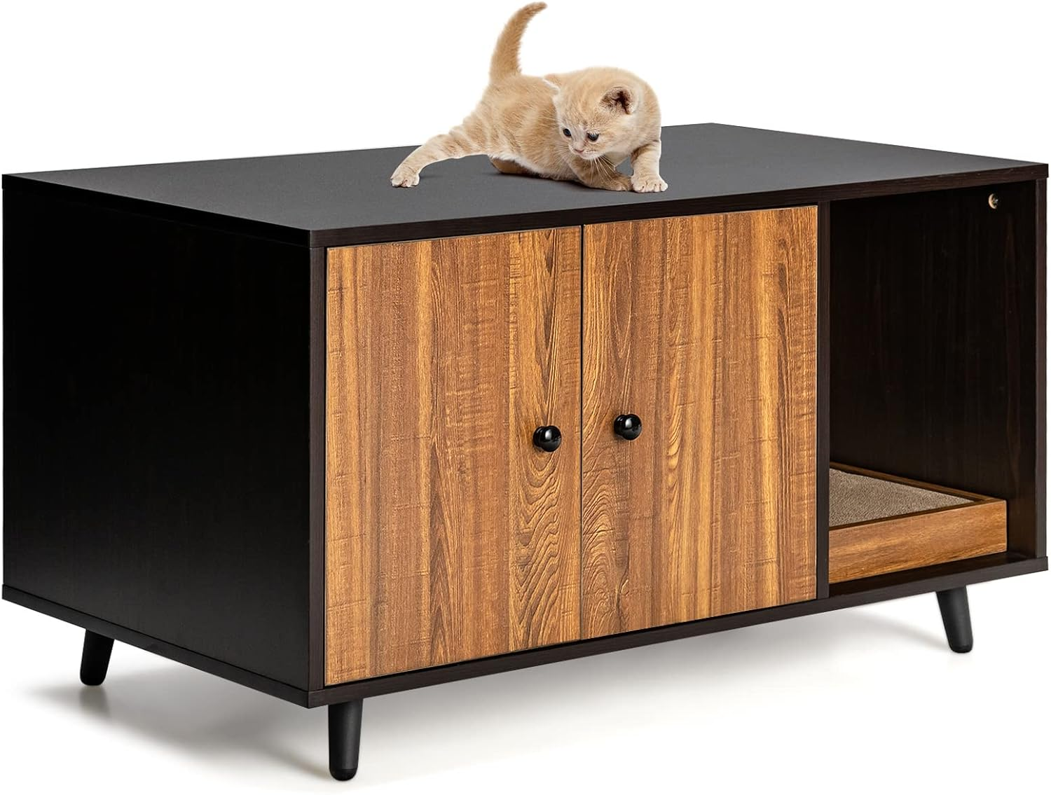 Costway Wooden Cat Litter Box Enclosure Bench, Hidden Cat Box Cabinet Furniture W/Doors, Removable Scratch Box, Water & Scratch-Proof, Walnut Cat Washroom House End Table for Indoor image number 3