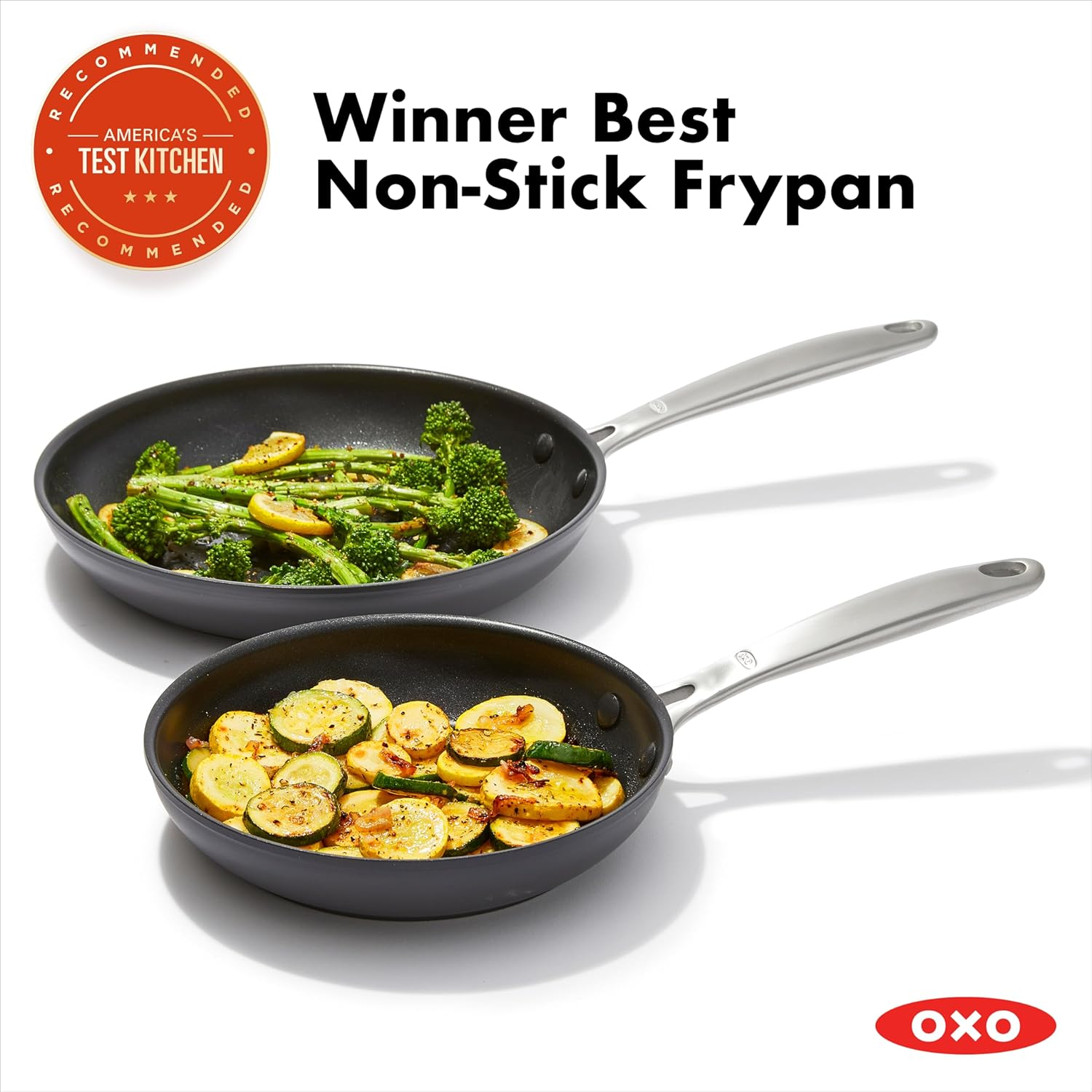 OXO Enhanced 8" and 10" Frying Pan Skillet Set, Healthy Ceramic Nonstick, Pfas-Free, Stainless Steel Handle, Dishwasher Safe, Oven Safe, Black image number 4