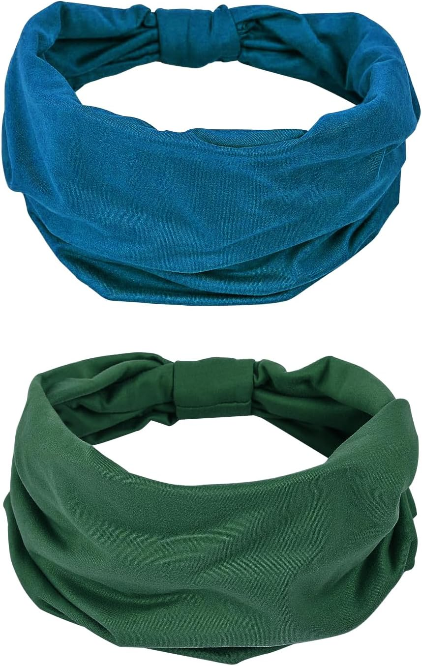 Gili 2 Pack Wide Headbands for Women Boho African Knotted Non Slip Fashion Hair Bands Yoga Running Sports Workout Gym Head Wraps Elastic Soft Cotton Cloth Turbans Bandana for Girls (Dark Green, Teal)