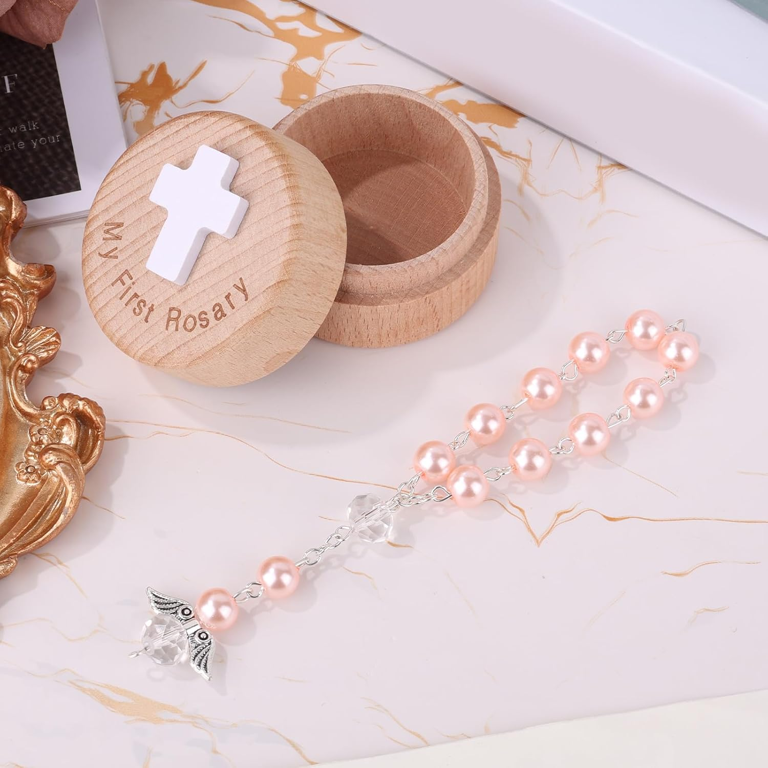 My First Rosary Baptism Gifts, Baptism Memorial Box & Rosary Bracelet with Angel Wings Catholic First Communion Christening Beads Gifting Set for Baby Shower image number 2