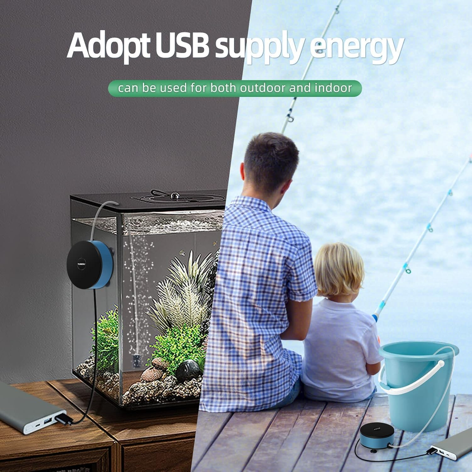 Mini Aquarium Air Pump with Accessories, Quiet Fish Tank Oxygen Pump Portable USB Air Pump Aquarium Bubbler Kit with Air Stone and Airline Tubing for 1.5-7 Gallon Fish Tank Fish Bowl. image number 3