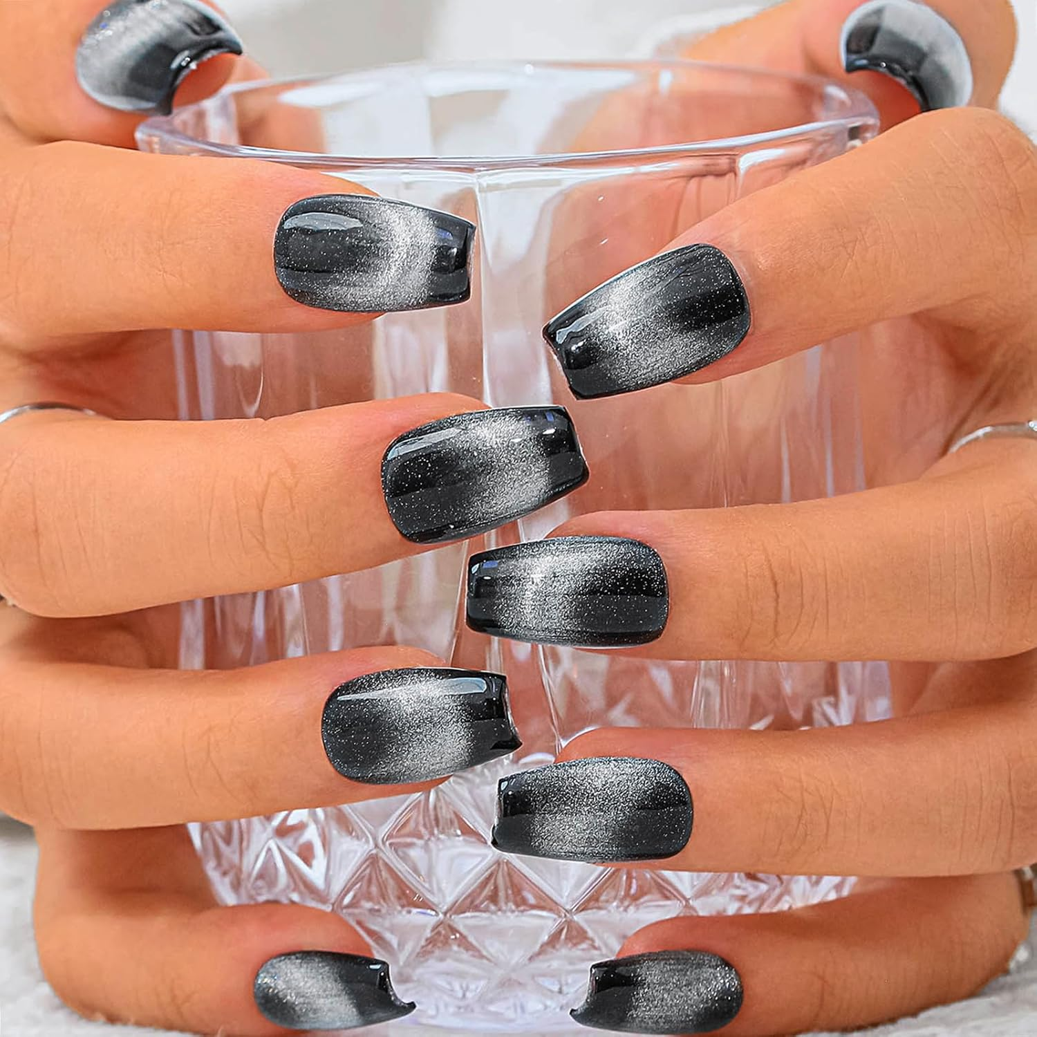 Sethexy French Black Medium Coffin Artificial Nail Cat Eye Sparkle Handmade False Nails Natural Shiny Press on Nails Salon Quality for Women and Girls (I) image number 6