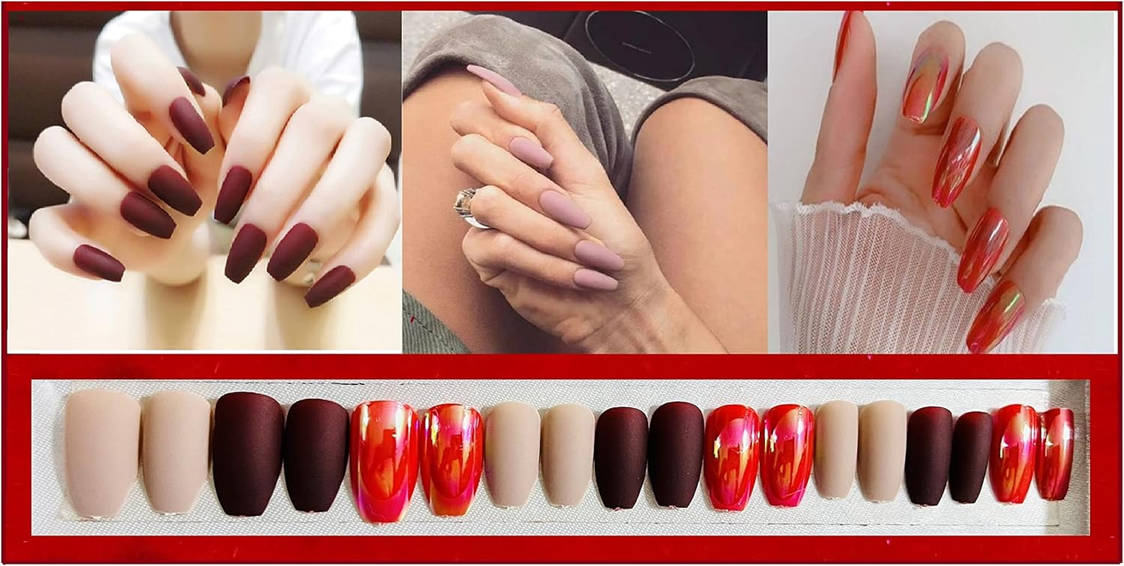 VIKSON INTERNATIONAL Set of 24 Pcs 12 Pcs WINE Red 12 Pcs NAKED COFFEE MATTE Finish Roud Tip Pre-Design French Manicure Full False Fake Nails with 1 Nail Glue Sticker Sheet. image number 3