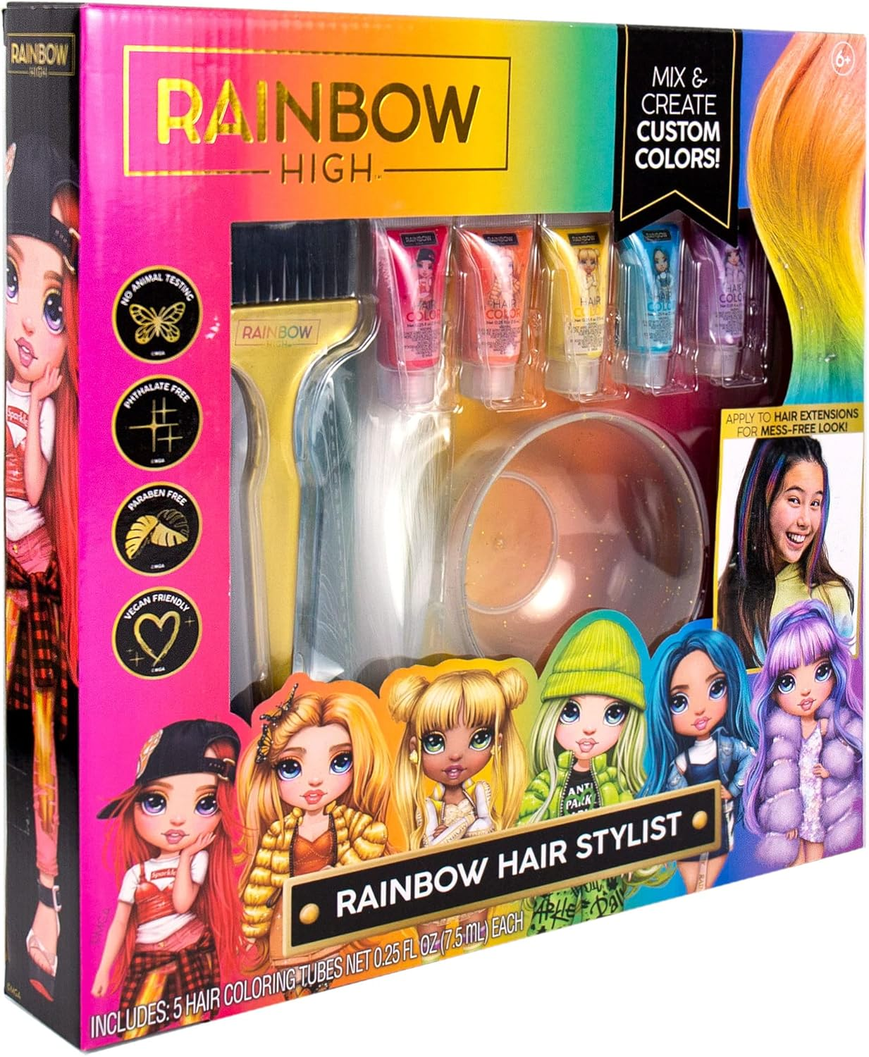 Rainbow High Rainbow Hair Stylist by Horizon Group USA, Includes 5 Vibrant Hair Coloring Gels, 3 Clip-In Extensions for Less-Mess, Mixing Bowl & Brush, Temporary Hair Coloring for Kids, Multi image number 4