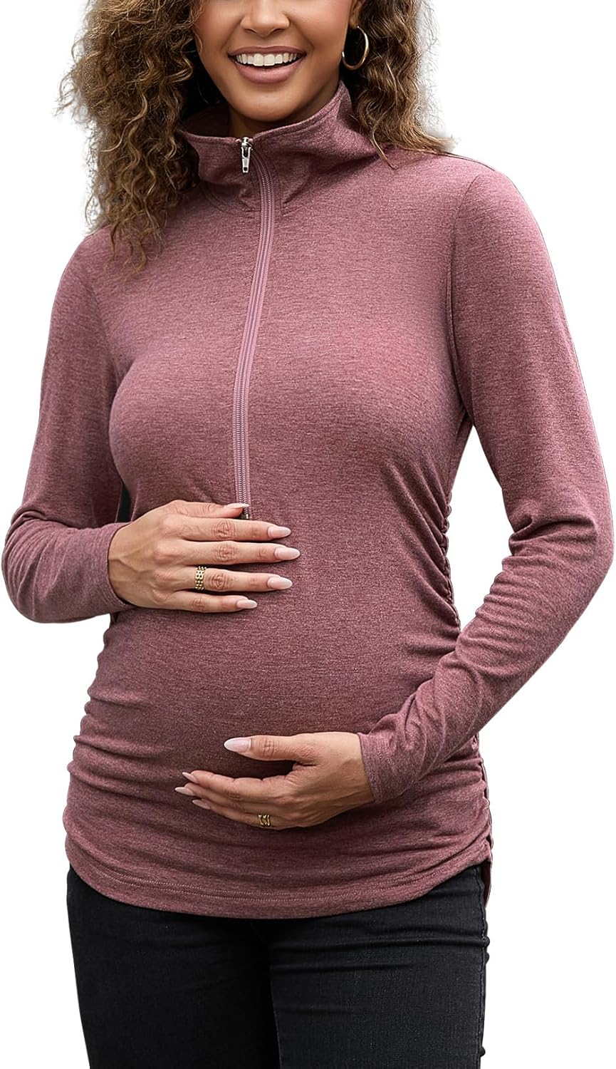 Women'S Maternity Shirt Long Sleeve Half Zip Pullover Lapel Sweatshirts Comfy Pregnancy Tee Tops
