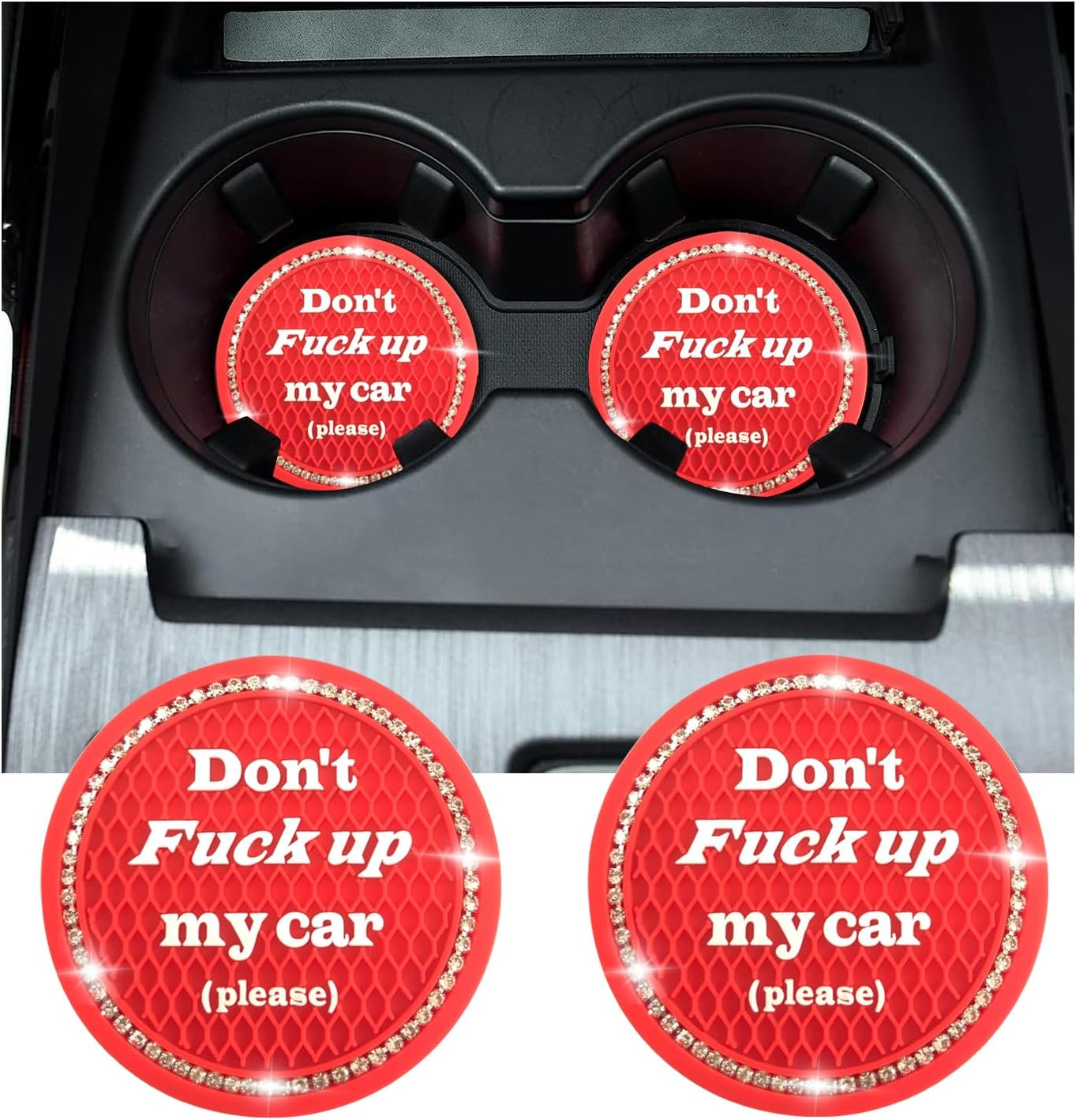 Kewucn 2 Pack Bling Car Cup Holder Coasters, 2.77 Inch Anti-Slip Soft Rubber Crystal Rhinestone Auto Cup Insert Pad, Universal Vehicle Interior Decor Accessories for Car SUV Truck (Red) image number 2