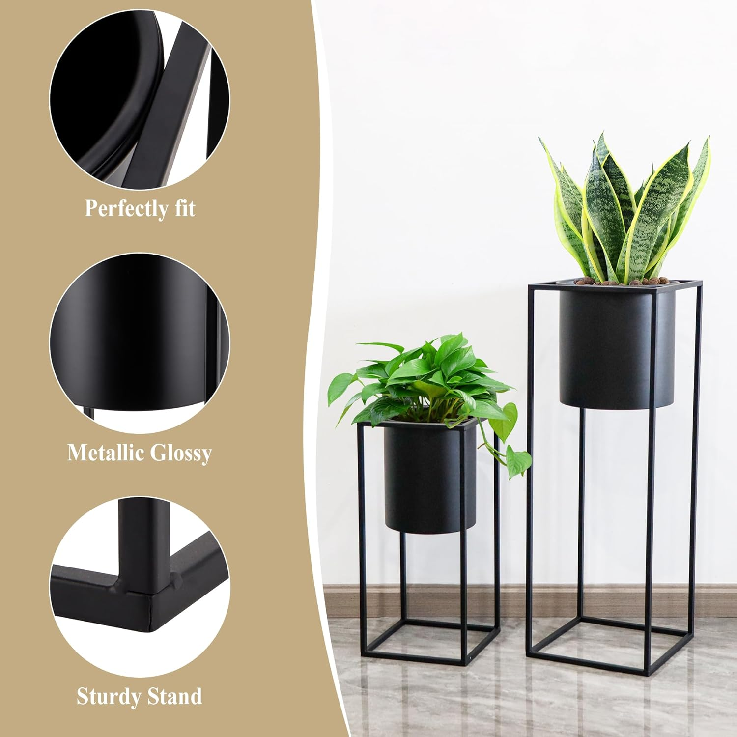 TRIROCKS Set of 2 Planters with Stand Indoor Otdoor Black Planters for Indoor Plants 28 &18" Tall Morden Planters Flower Pots for Living Room Corner Kitchen Office Garden Balcony Patio Decor(Black) image number 3