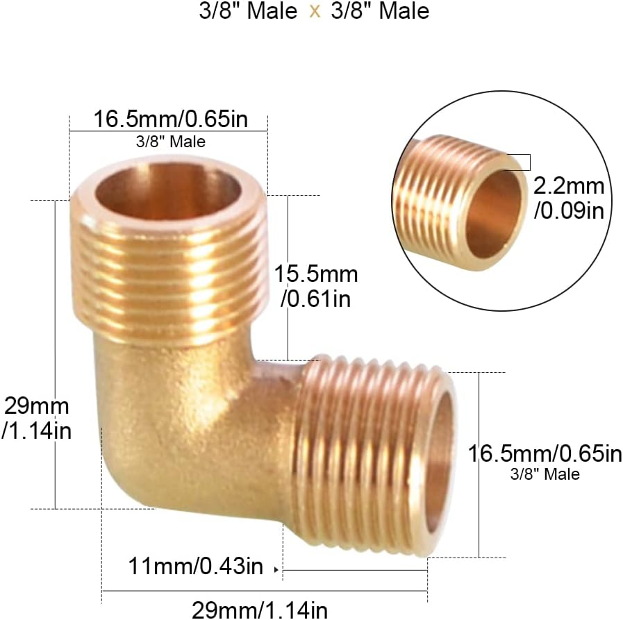 Threaded Fittings Brass Pipe, 90 Degree Elbow Connector Brass Hose Barb Fitting, BSP Thread Pipe Oil Gas Elbow Fitting Coupler (3/8" Male X 3/8" Male)
