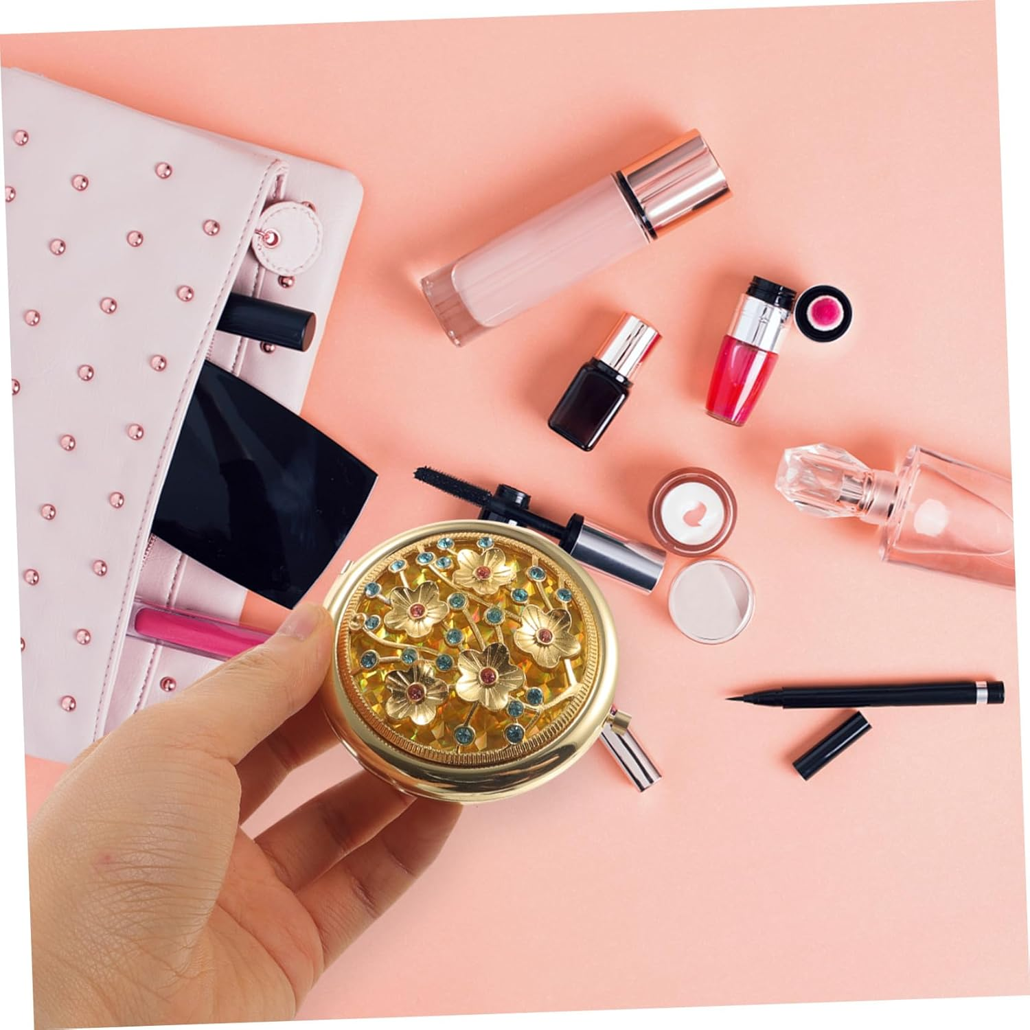 DINHEAROM Vintage Gold Handheld Compact Mirror Hollow Carved Design Small Portable Makeup Mirror for Women for Travel and Purse Use image number 1