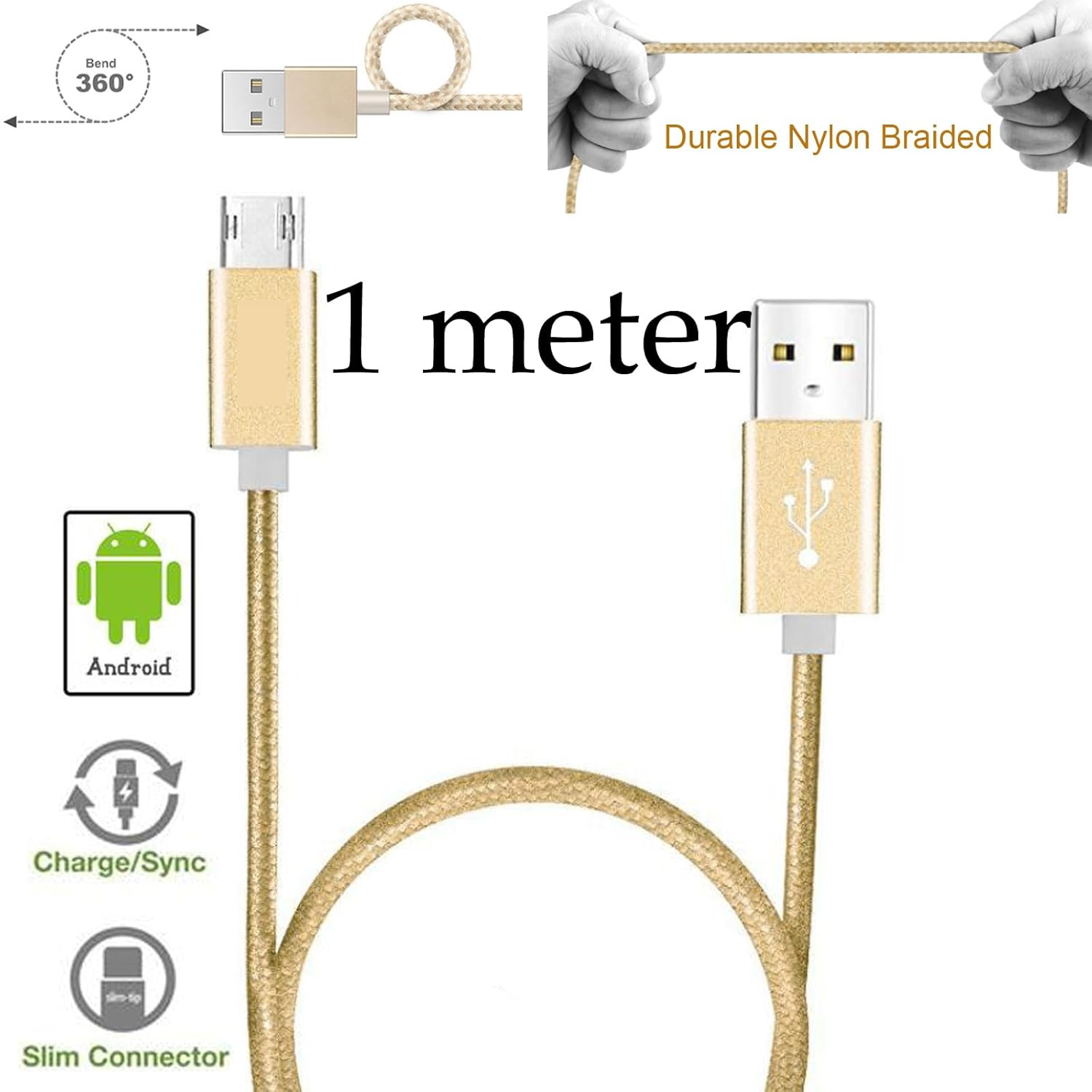 10 Pack 1M Data Transfer Charger Charging Micro USB Cable Cord for Android Phone Device Tablet Bulk Braided Gold Nylon image number 2