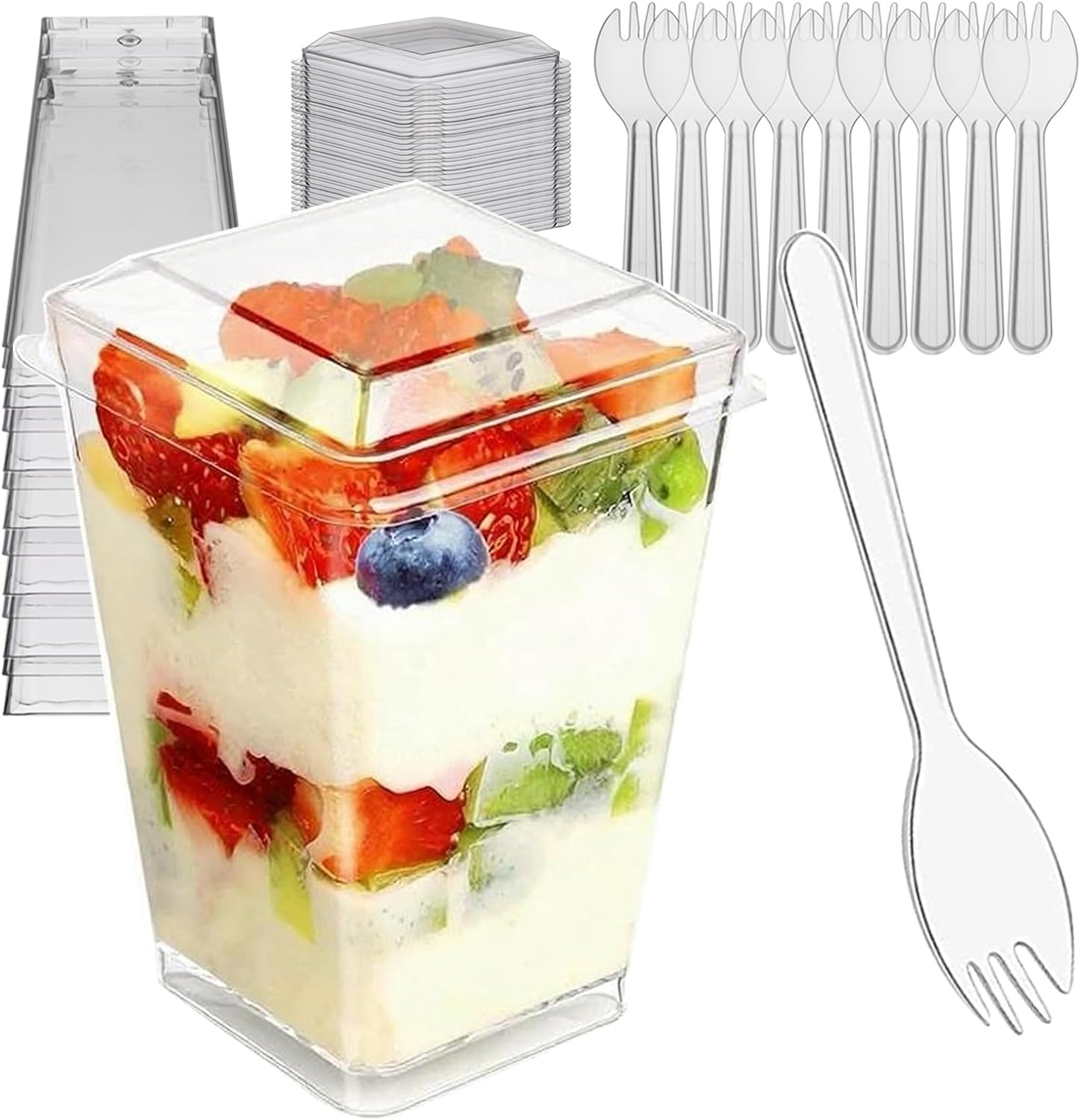 Toowood 100Pcs Clear Dessert Cups with Lids and Spoons, 5.4Oz Dessert Cups, Mini Dessert Cups Reusable Square Parfait Cup for Party Appertizer, Christmas