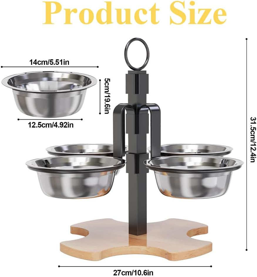 Elevated Cat Bowls,Raised Pets Food Bowls,Adjustable Pet Bowls, with Stand,Bamboo Base and 4 Stainless Steel Bowls,For Indoor Cats, Puppy Small Dogs Food and Water