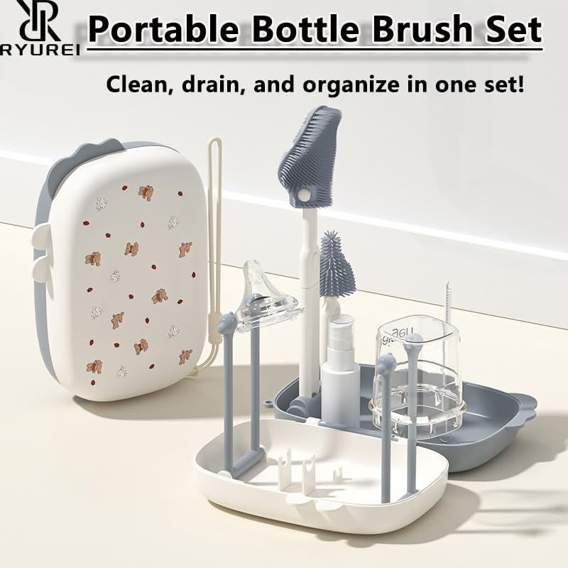 Travel Baby Bottle Brush Set with Portable Silicone Bottle Brush Nipple Cleaner Brush Straw Brush Soap Dispenser and Bottle Drying Rack