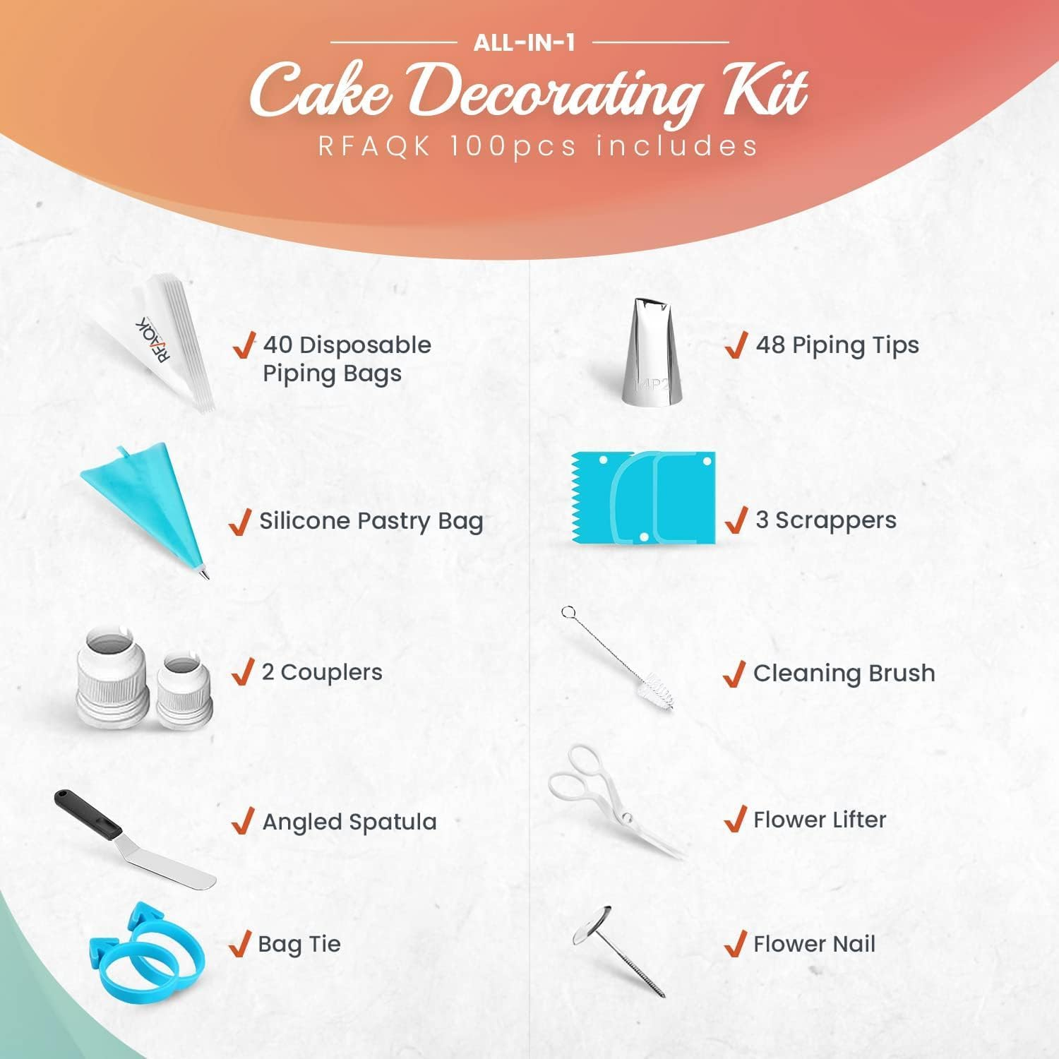 RFAQK 100Pcs Piping Bags and Nozzles -48 Numbered Icing Tips Set, Cookie Cupcake, Cake Decorating Kit Baking Supplies Tools Frosting Piping Tips, Reusable & Disposable Pastry Bags Icing Spatula