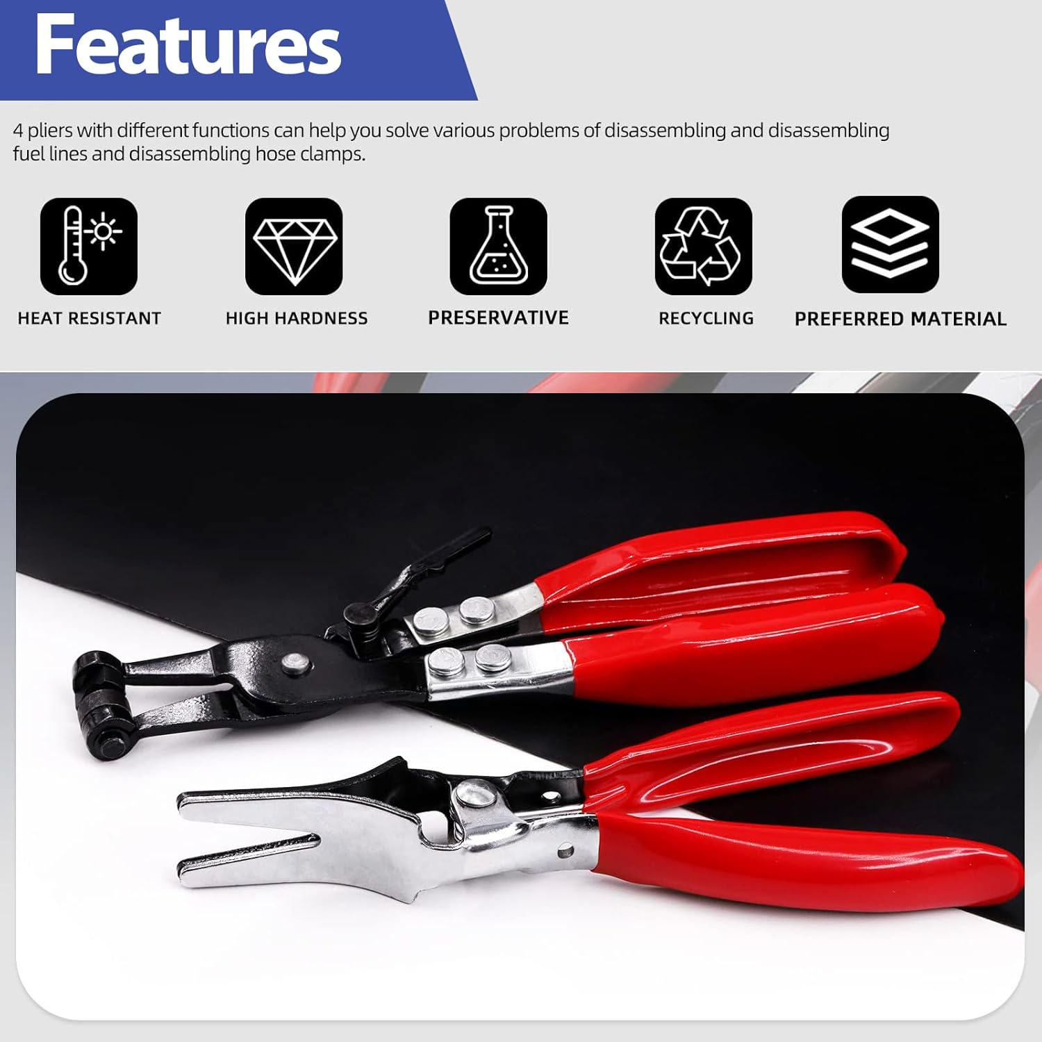 Hose Remover Pliers Assortment Kit, 4 Pcs Hose Remover Pliers Assortment Kit Including Fuel Filter Calipers, Hose Pipe Clamp, Clip Hose Removal Pliers, Spring Clamp Pliers image number 6