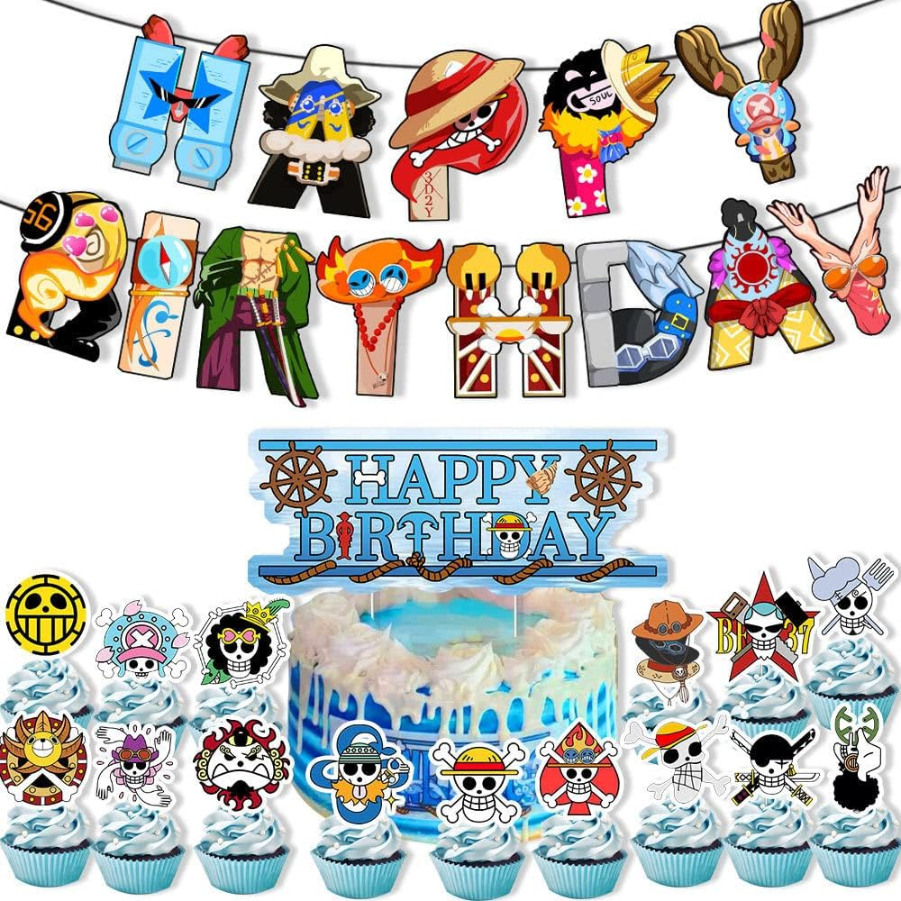 Birthday Party Supplies for One Piece, Cartoon Piece Theme Party Decorations Includes Birthday Banner, Cake Topper, Cupcake Toppers, Balloons image number 1