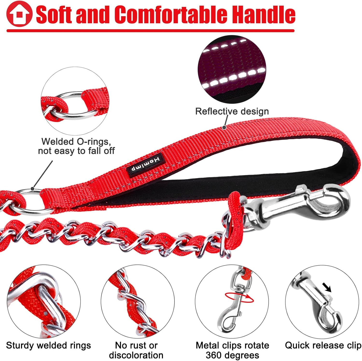 Homimp Chain Dog Leash - Reflective, Chew Proof Metal Leash for Large Dogs, 6 FT with Comfortable Soft Padded Handle, anti Bite Durable, Non Chewable (Red) image number 6