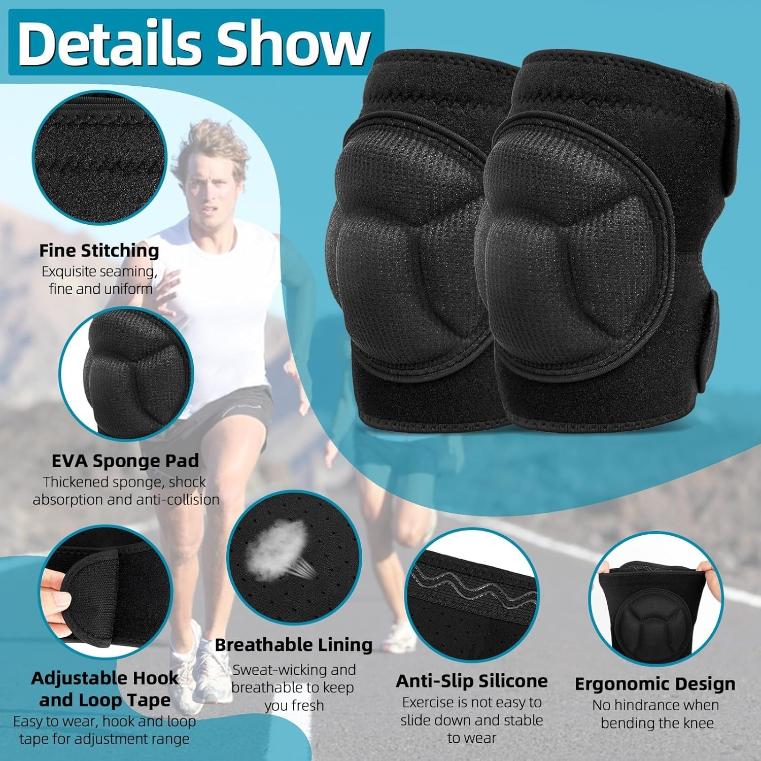 1 Pair Protective Knee Pads, Black,Adjustable Cushioning with Thick EVA Foam Padding image number 5