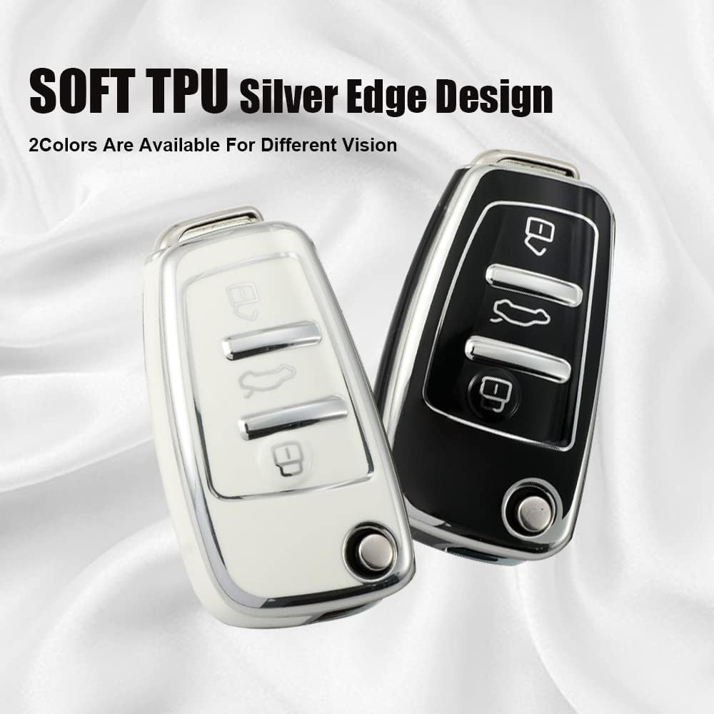 HIBEYO Key Fob Cover Compatible with Audi A1 A3 A6 Q2 Q3 Q7 TT TTS R8 S3 S6 RS3 Car Accessories TPU Silver-Edge Key Holder - Leather Keychain Black image number 2