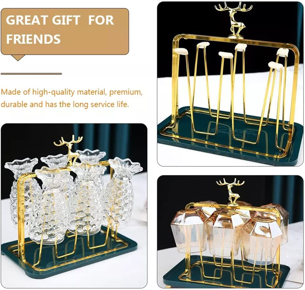 Glass Cup Drying Rack with Drain Tray，Elk Relief Design Coffee Cup Holder Wine Glass Drying Rack，Bottle Drying Stand with 6 Hooks Mugs Cups Organizer image number 5