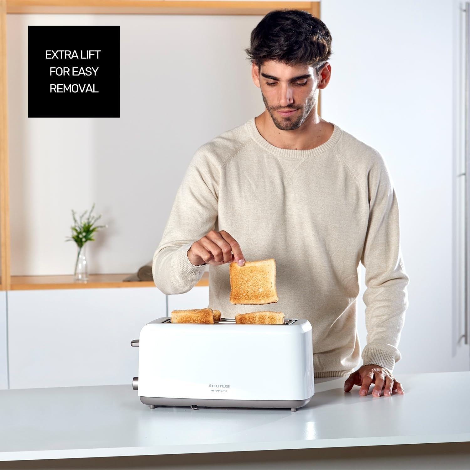 TAURUS Mytoast 3 Duplo Toasters 1450W Three Function LED Light 0 Decibels 2 Extra Long Slots Plastic White image number 1