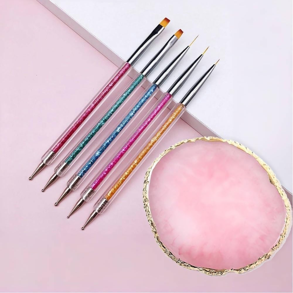 Resin Nail Art Palette with 5 Pcs Nail Art Painting Drawing Brushes, Nail Polish Mixing Palette Double-Ended Dotting Pen Nail Art Liner Brush Nail Drawing Brushes for Nail Art Design image number 4