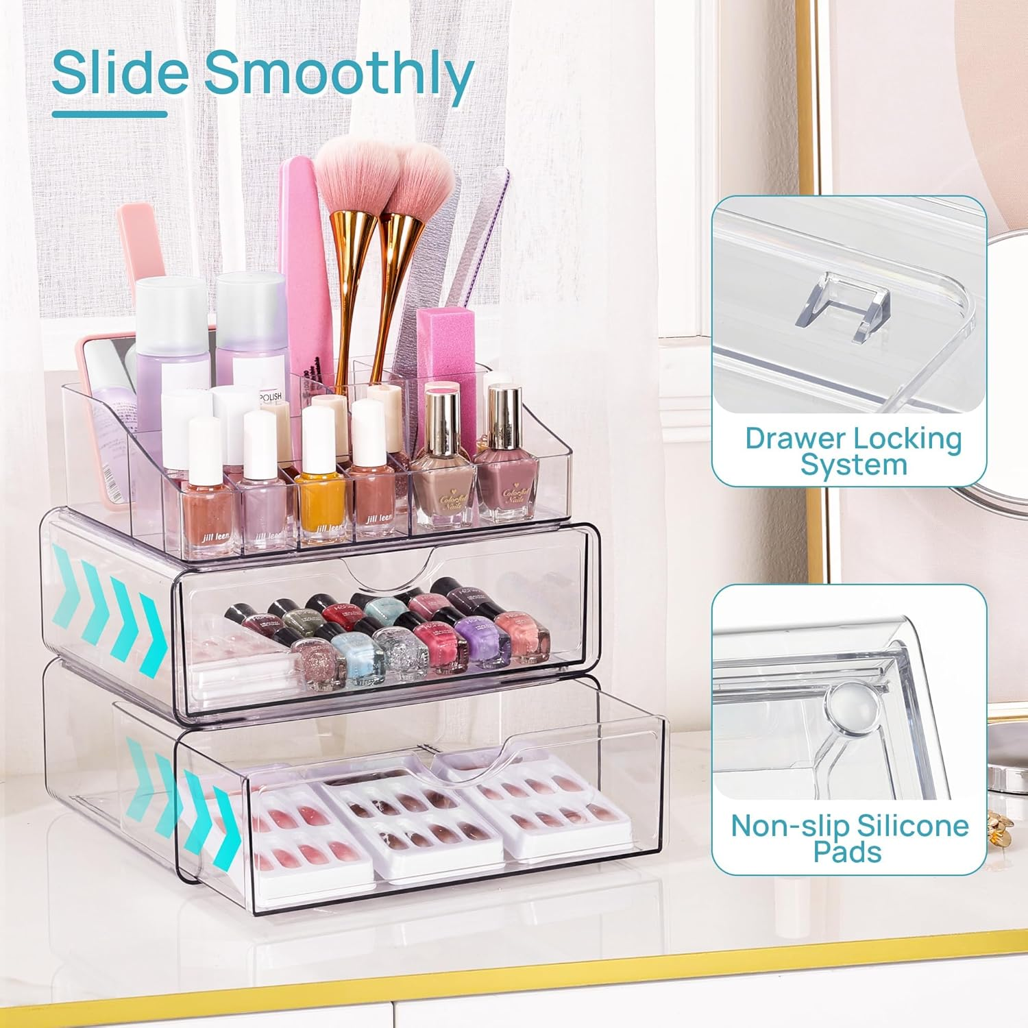 MOTYYA 3 Tier Clear Makeup Organizer with Drawer, Acrylic Cosmetic Storage Organiser for Dresser Countertop and Bathroom Vanity, Beauty Holder for Lipstick Brush Skincare