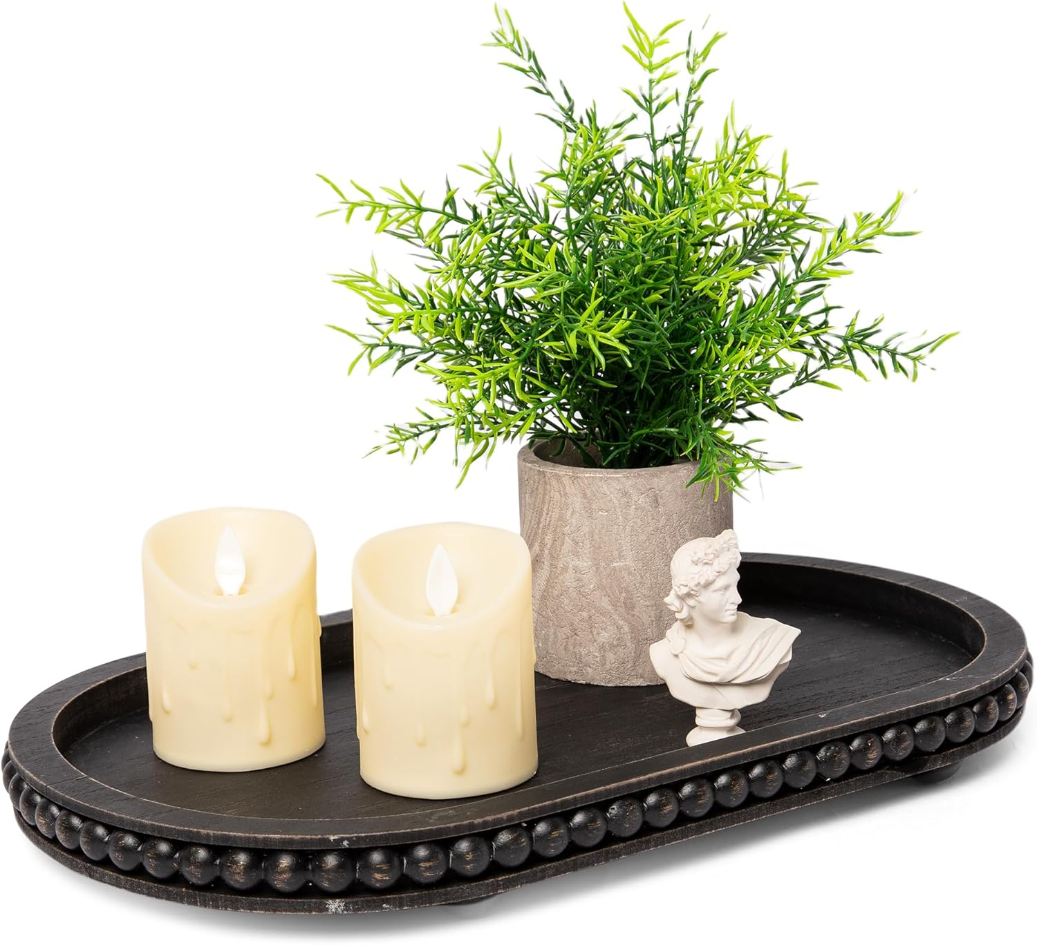 HPC Decor 12In round Wood Tray - White, Distressed, Farmhouse Rustic - Decorative Tray for Living Room, Coffee Table, Kitchen Table or Farmhouse Serving Tray