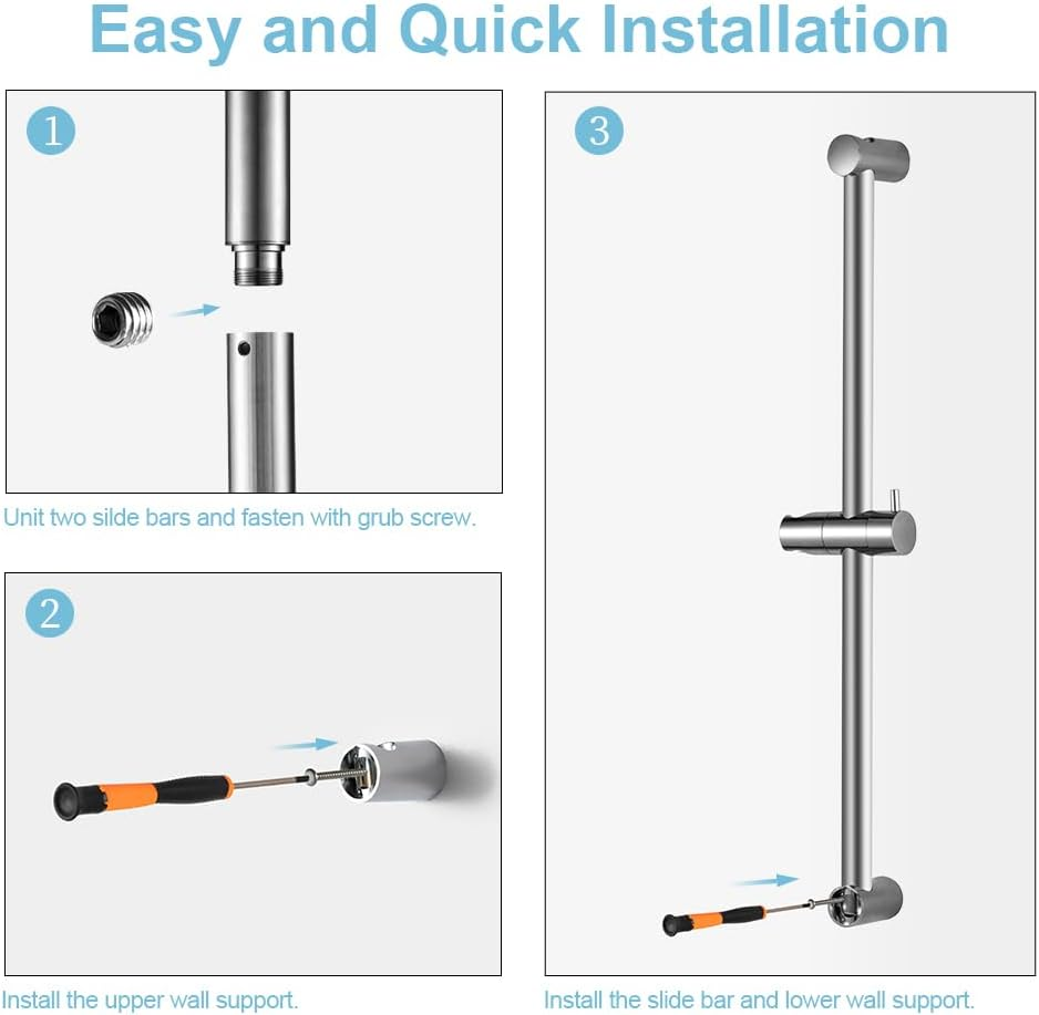 OFFO Shower Slide Bar, 62Cm(24 Inches) Segmented Wall Mounted Shower Rail Adjustable Installation Distance 28-61Cm with 360&deg; Adjustable Handheld Shower Head Holder Replacement for Shower, Chrome image number 1