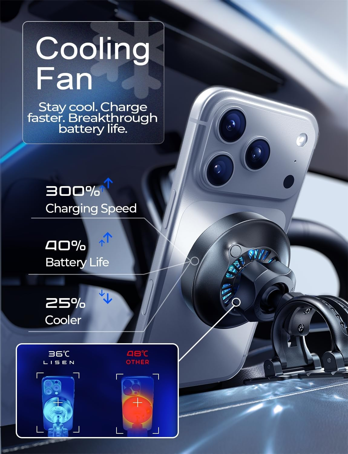 LISEN for Qi2.2 25W Magsafe Car Charger Mount，[Top Spec with Cooling Fan＆95W Custom Adapter] Magnetic Wireless Car Charger Fast Charigng for Iphone 17/16 Pro Max plus Air with Ios26，Vent or Dashboard image number 3
