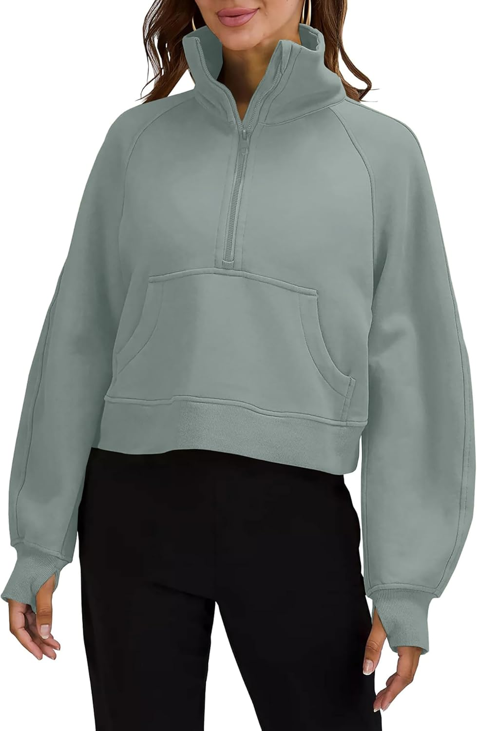 Oyamiki Womens Sweatshirt Long Sleeve Half Zip Pullover Tops Fashion Cropped Hoodie Casual Fall Fleece Lined with Thumb Hole image number 2