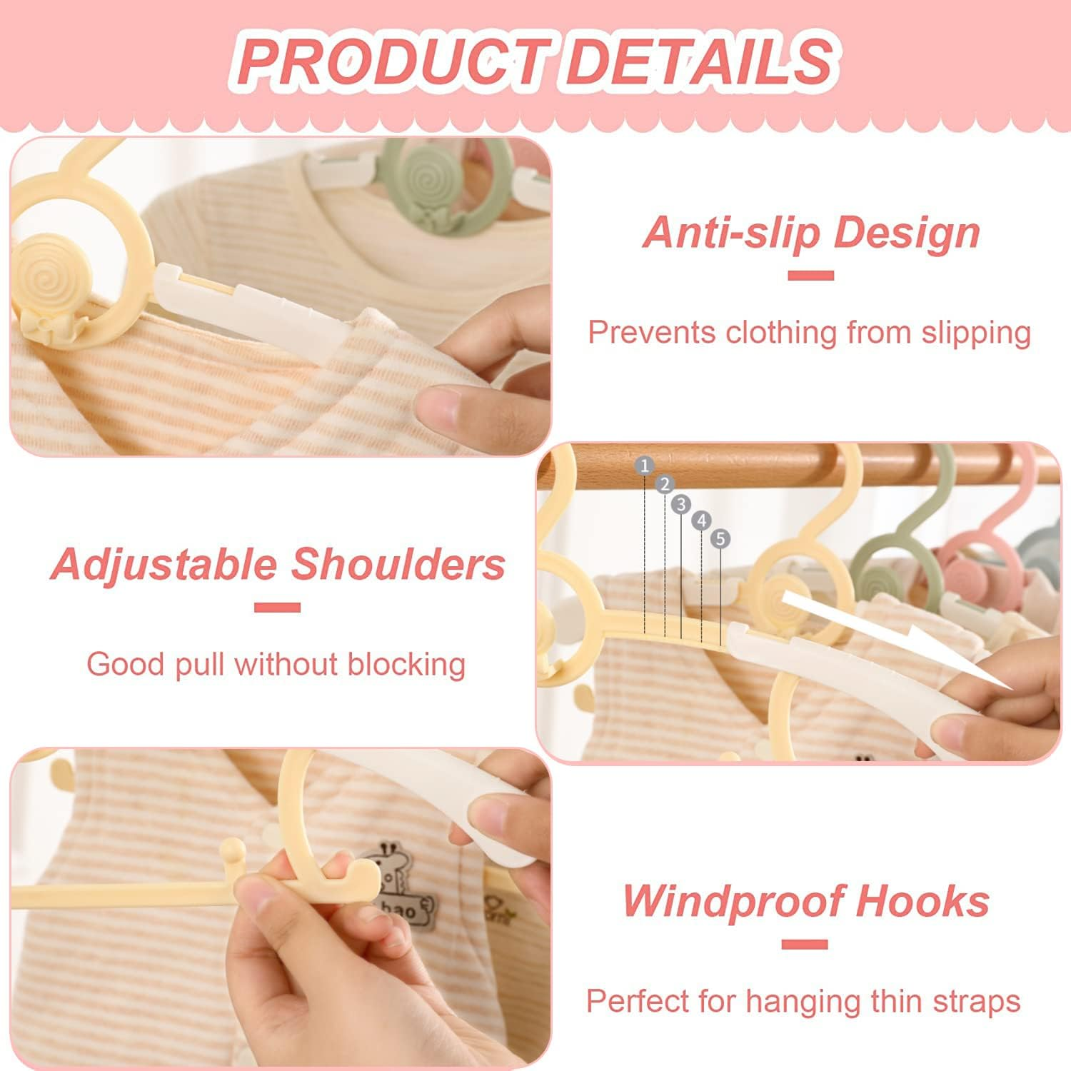 Baby Nursery Closet Hangers, Ultra-Thin Non-Slip Laundry Infant Pant Hangers for Newborn Clothes - 20Pcs Colorful Gifts - Adjustable Children Coat Hanger for Girl Boy Toddler Kids Child image number 3