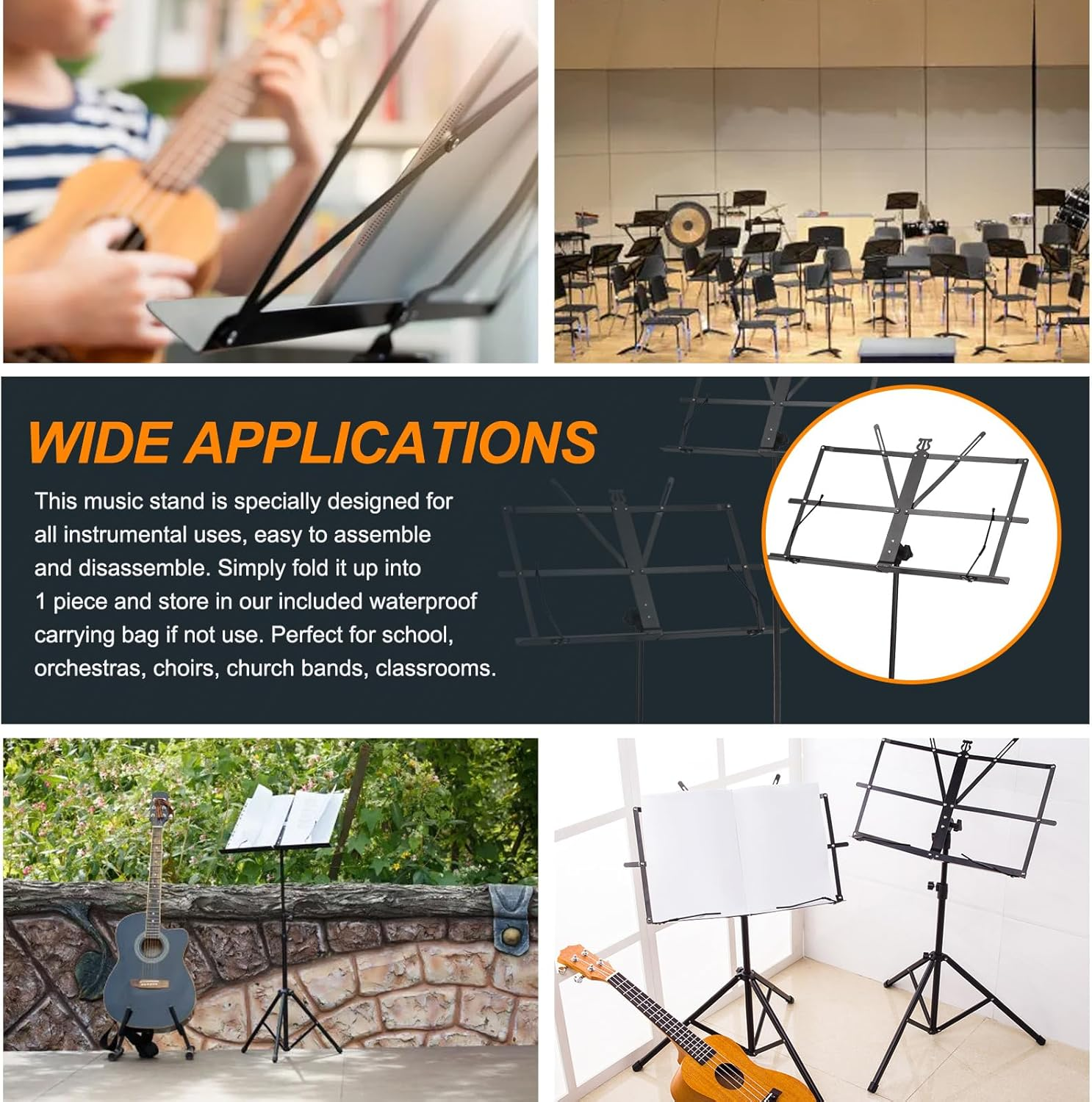 Rustark 1 Pack Sheet Music Stand Reinforced Portable Music Stand Desktop Book Stand Foldable Height-Adjustable Music Stand with Bag for Instrumental Performance Travel image number 2