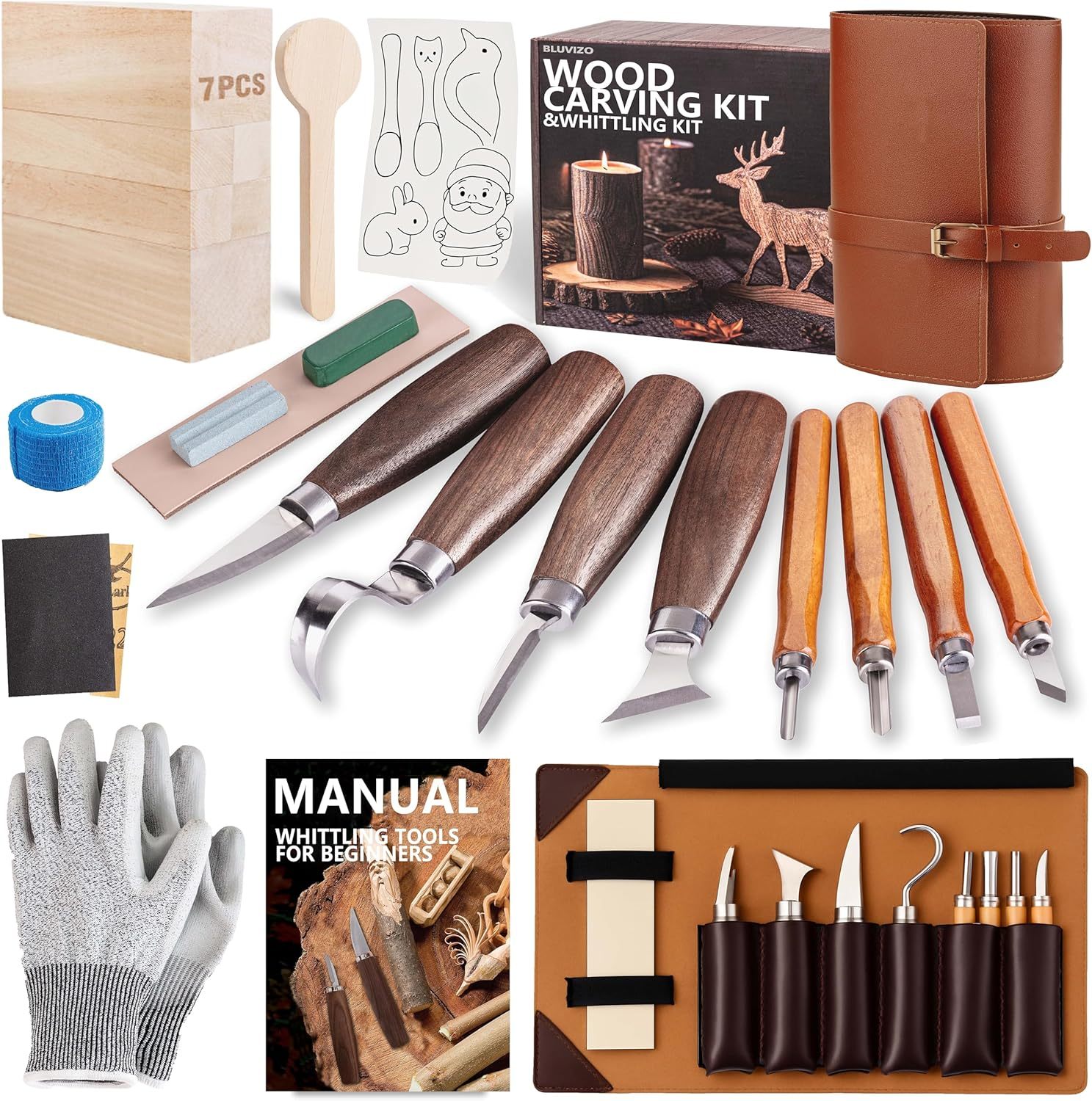 Wood Carving Kit Whittling Kit: Deluxe Wood Carving Tools Set with Leather Case - Wood Carving Knife with Basswood Blocks Woodworking Widdle Gift for Beginners Adults Kids Hobby image number 4