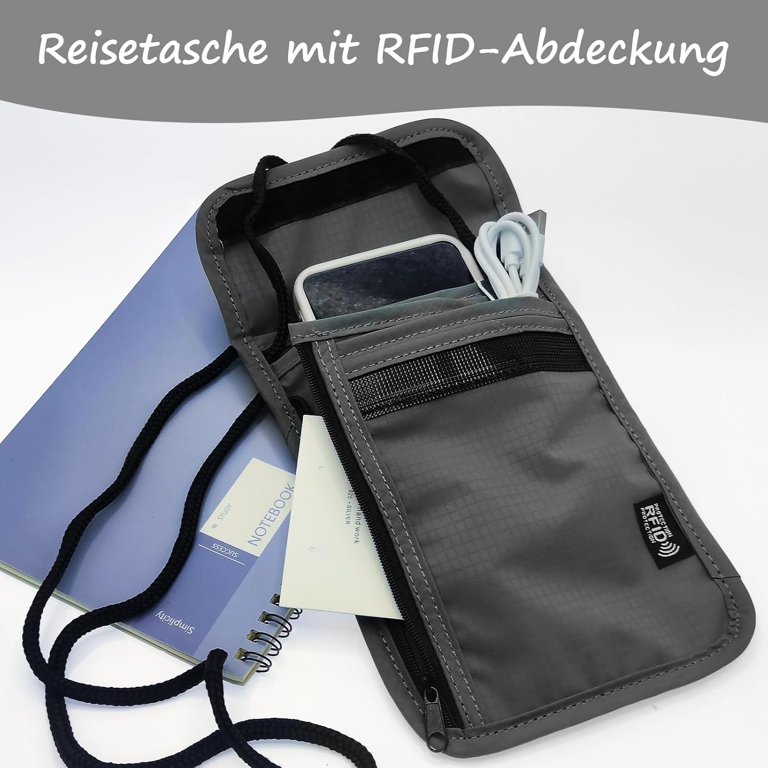 Huotflame Neck Pouch with RFID Protection - Waterproof Nylon Travel Wallet for Passport, Credit Cards & Mobile Phone - Anti-Theft Chest Pocket 19 X 14 Cm Black for Men & Women When Travel