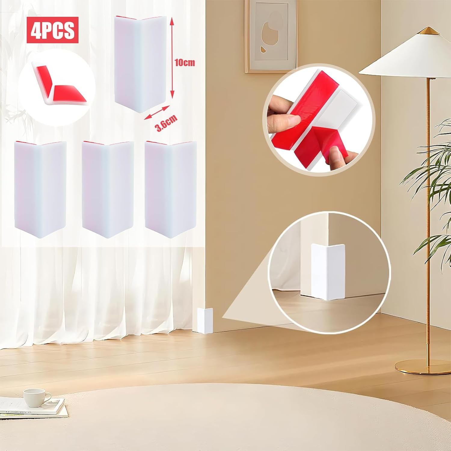 Baseboard Corner Protectors,Thickened Rubber Self Adhesive Corners Blocks Guards Trim for Baby Proofing Edge Furniture,White,4Pcs