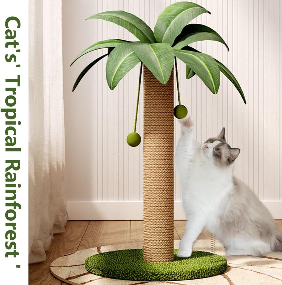 Coconut Tree Cat Scratching Post, Sisal Rope Pussy Pillar, Interactive Mog Tree, Stable Wide Base & Fun Hanging Balls, for All Cats image number 4