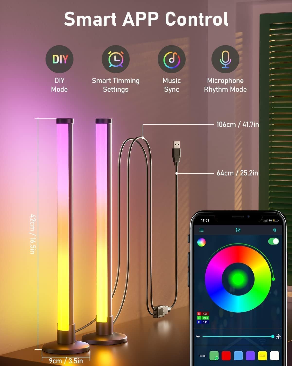 TONGLIN Smart LED Light Bars, 2Pack 42Cm RGB Light Bars, Smart Light Bar with Diy/Music Sync/8 Scene Modes, Gaming Lights TV Backlight with App Control, Colour Changing Light - 360&deg; Lighting image number 7