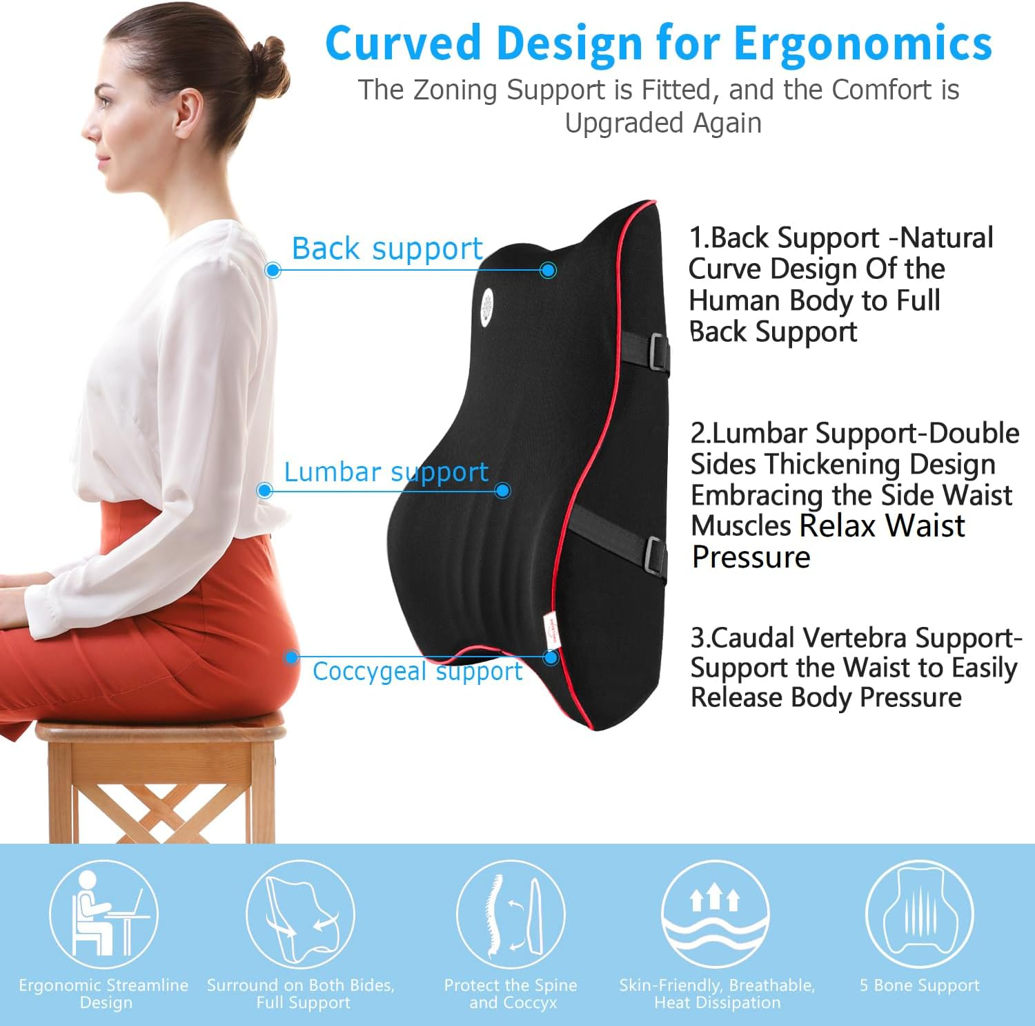 Lumbar Support Pillow,Memory Foam Back Support for Office Chair,Computer Chair,Car Seat,Recliner and Couch with Breathable 3D Mesh Cover,Ergonomic Design Orthopedic Backrest (Blue) - Black image number 2