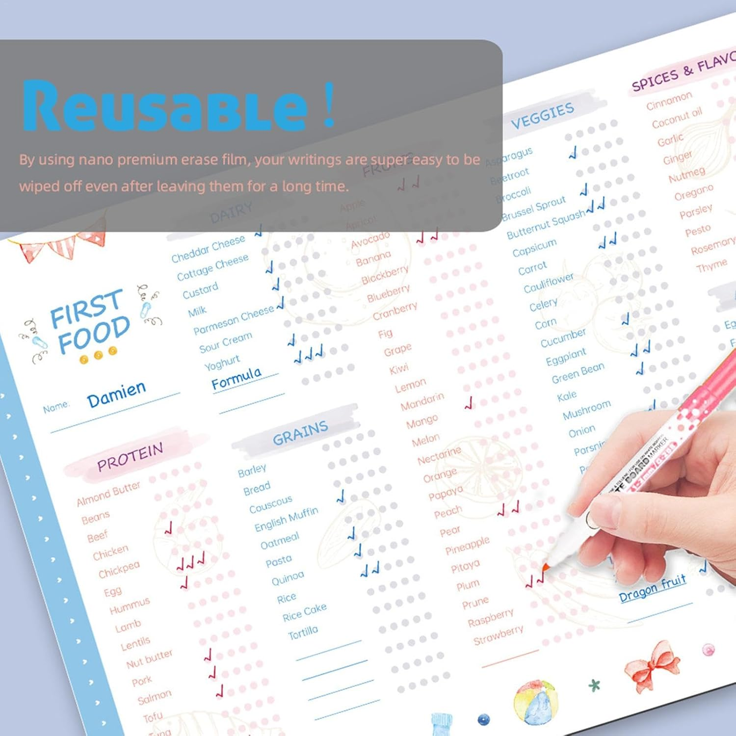 First Foods Chart - Repeatable First Food Checklist - Baby First Food Tracker and Weekly Meal Planner, Magnetic Baby Food Checklist Track image number 4